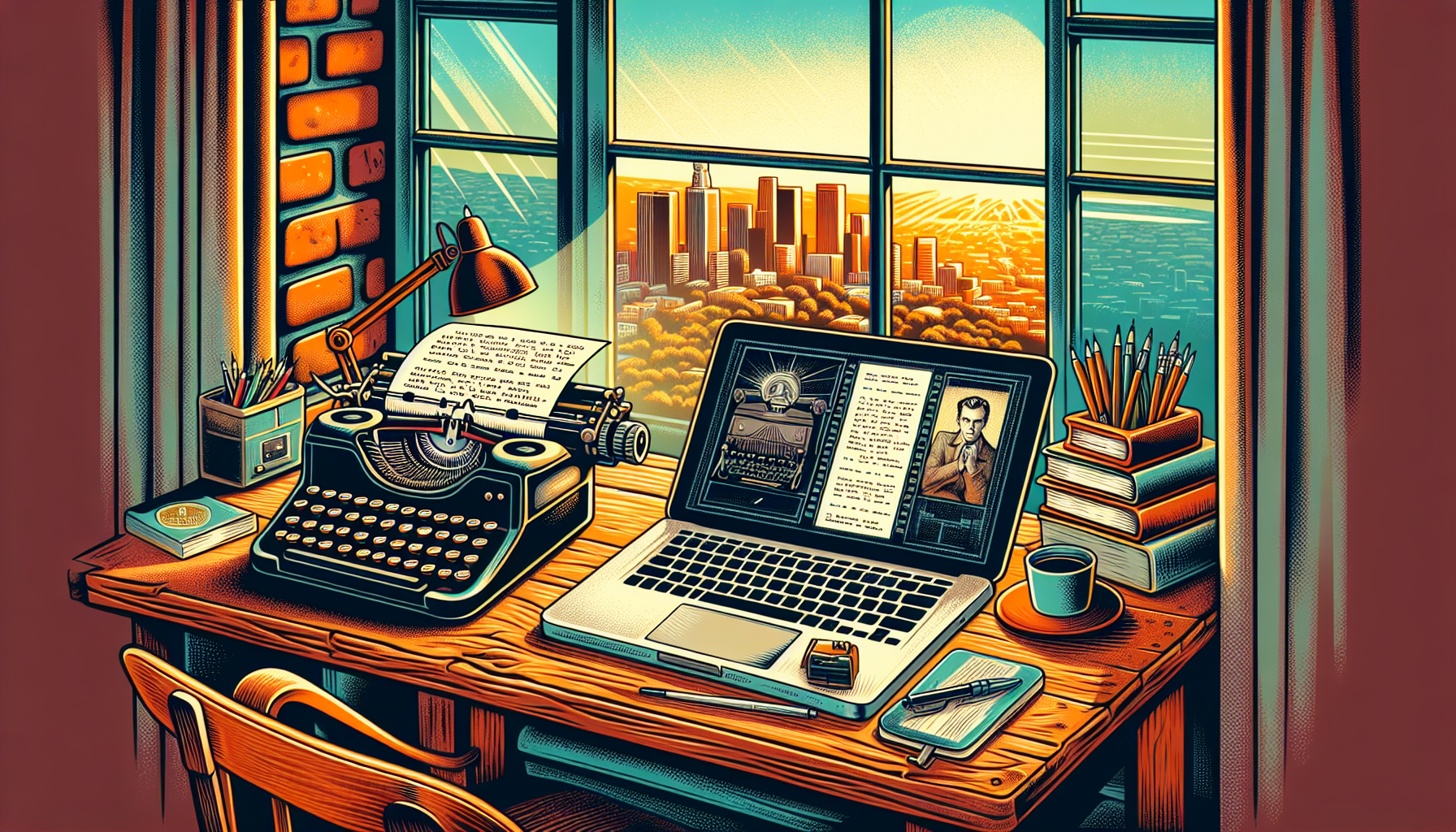 A cozy writer's nook filled with screenplays, a vintage typewriter, and a modern laptop, showcasing a split screen of a classic film scene and a screenplay draft, with a view of a sunny Los Angeles sk