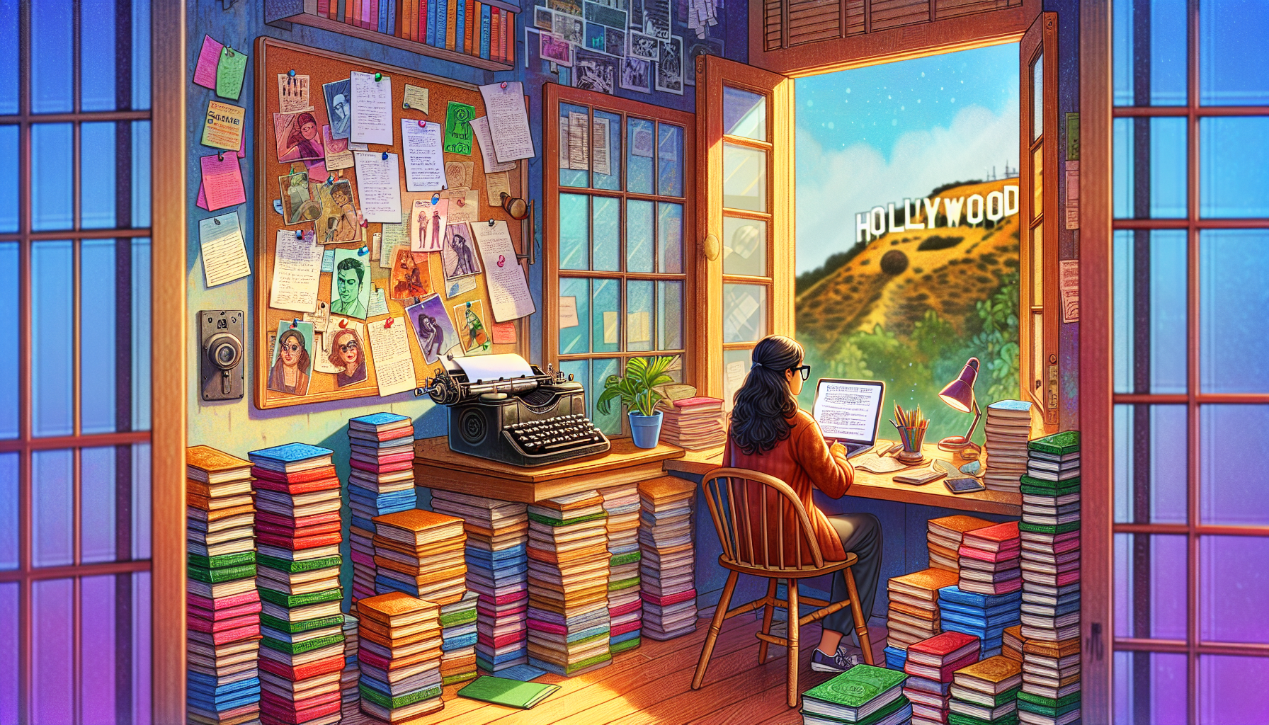 An imaginative scene of a cozy, sunlit writer's nook filled with stacks of screenplay manuscripts, a vintage typewriter, a modern laptop, a corkboard covered in plot notes and colorful character sketches, with a hopeful screenwriter glimpsing a Hollywood sign through the window.