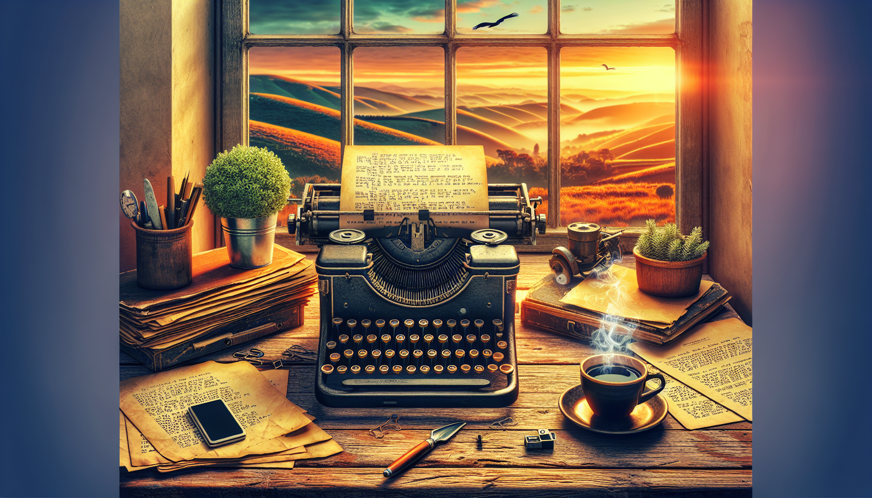 An imaginative image of a vintage typewriter placed on a rustic wooden desk surrounded by scattered screenplay pages, a steaming coffee cup, and a small potted plant, with a window in the background s