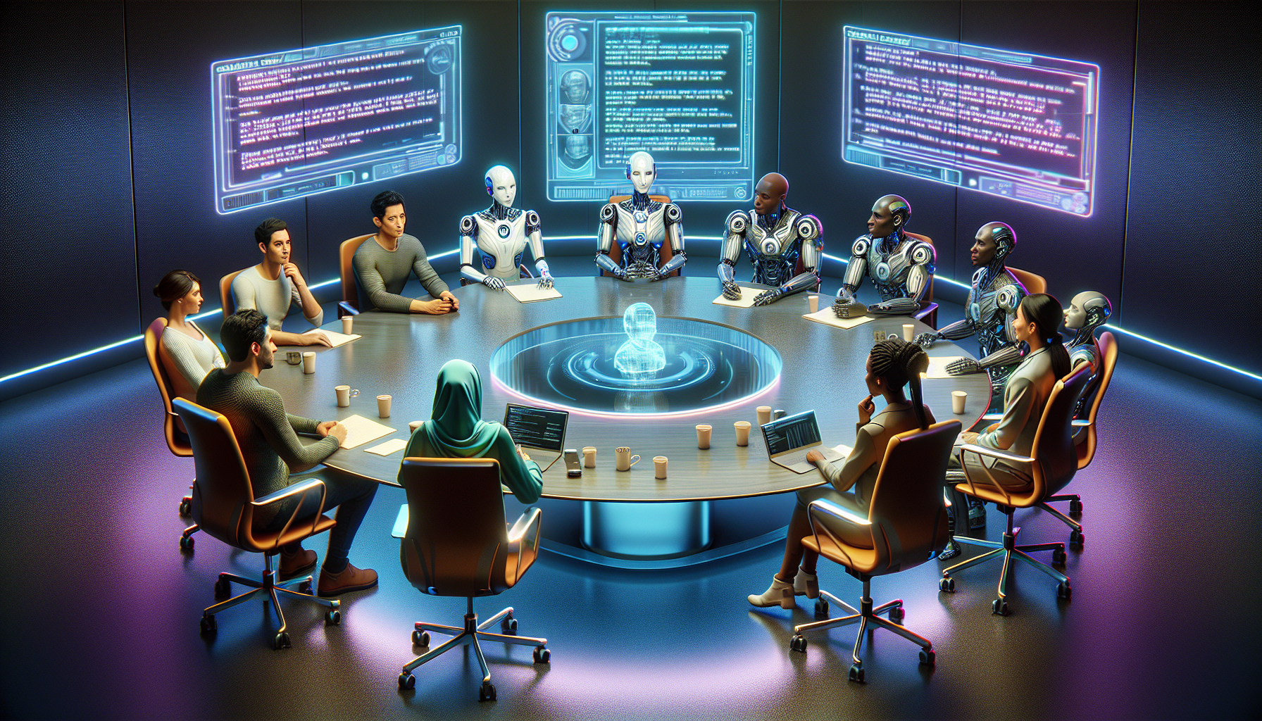 A futuristic conference room with a round table discussion involving diverse human screenwriters and anthropomorphic AI robots considering a holographic display of a script, emphasizing thoughtful exp