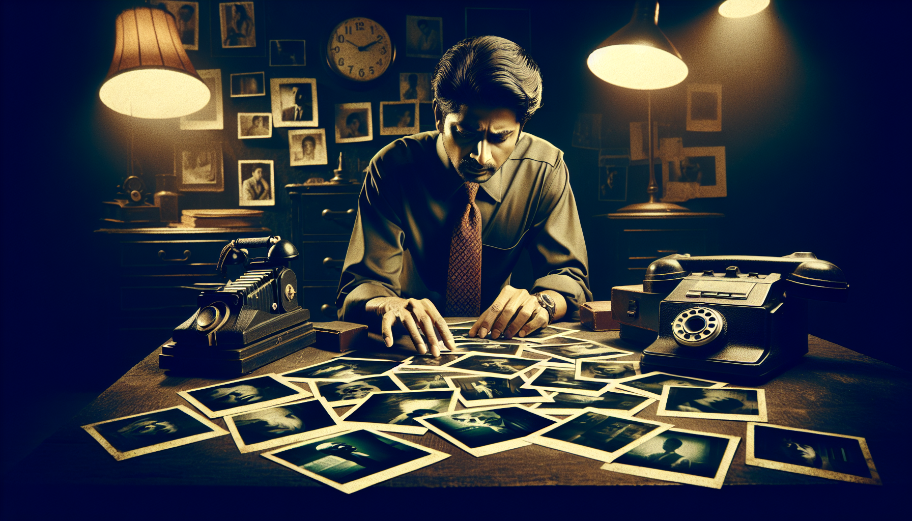 A detailed, artistic representation of a man examining scattered Polaroid photos on a dimly lit desk, each photo revealing a key scene from the movie 'Memento', set in a shadowy, mysterious room, with