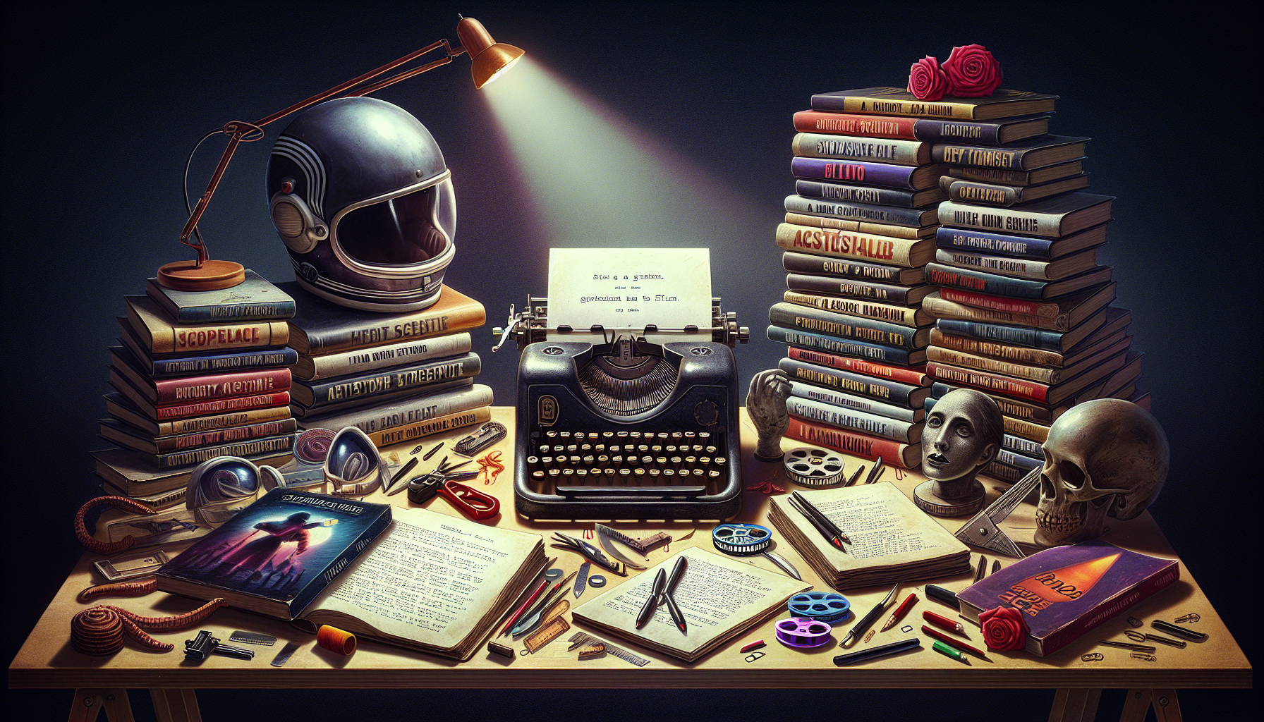An artist's desk with a vintage typewriter, stacks of screenplay scripts in various genres like horror, sci-fi, romance, and comedy, surrounded by iconic movie props from each genre, like a spacesuit