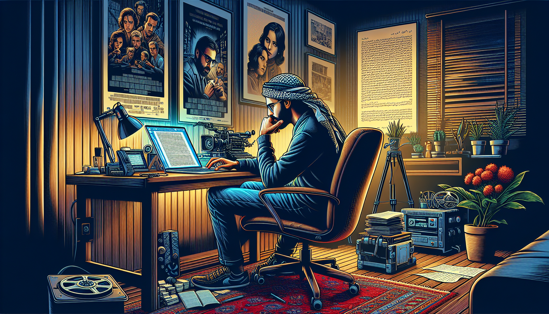 A digital painting of a screenwriter deeply focused on his laptop in a dimly lit, cozy home office, surrounded by movie posters and film equipment, with the Final Draft software open on the screen dis