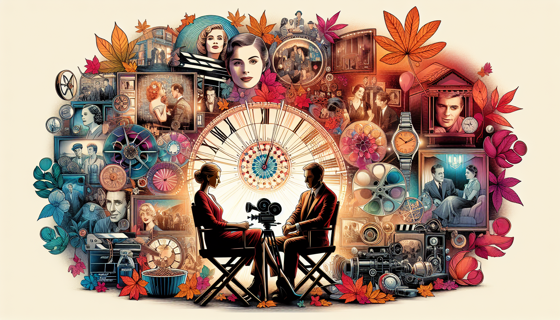 An artistic collage featuring Nora Ephron and Richard Linklater sitting in a cozy, vintage film theater, surrounded by iconic scenes and romantic elements from their movies, such as falling autumn lea
