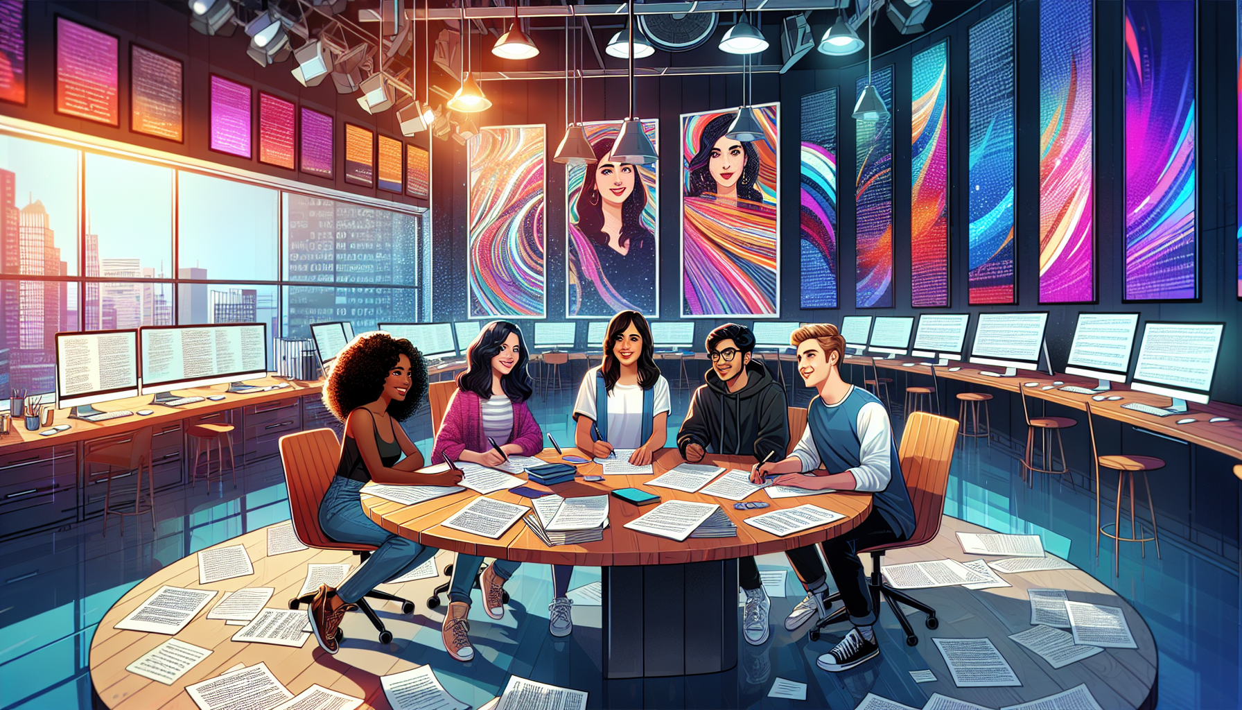 An artistic representation of a diverse group of young aspiring screenwriters brainstorming in a creative workshop environment, surrounded by film posters, scripts, and digital screens displaying famo