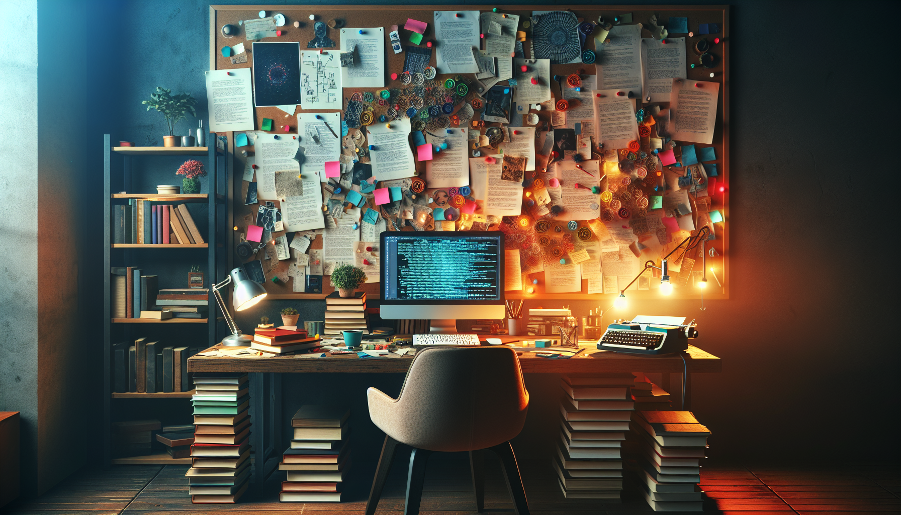 An artistic workspace with a cluttered desk, scattered scripts, and a vintage typewriter surrounded by stacks of books about screenwriting. In the background, a corkboard filled with colorful notes an