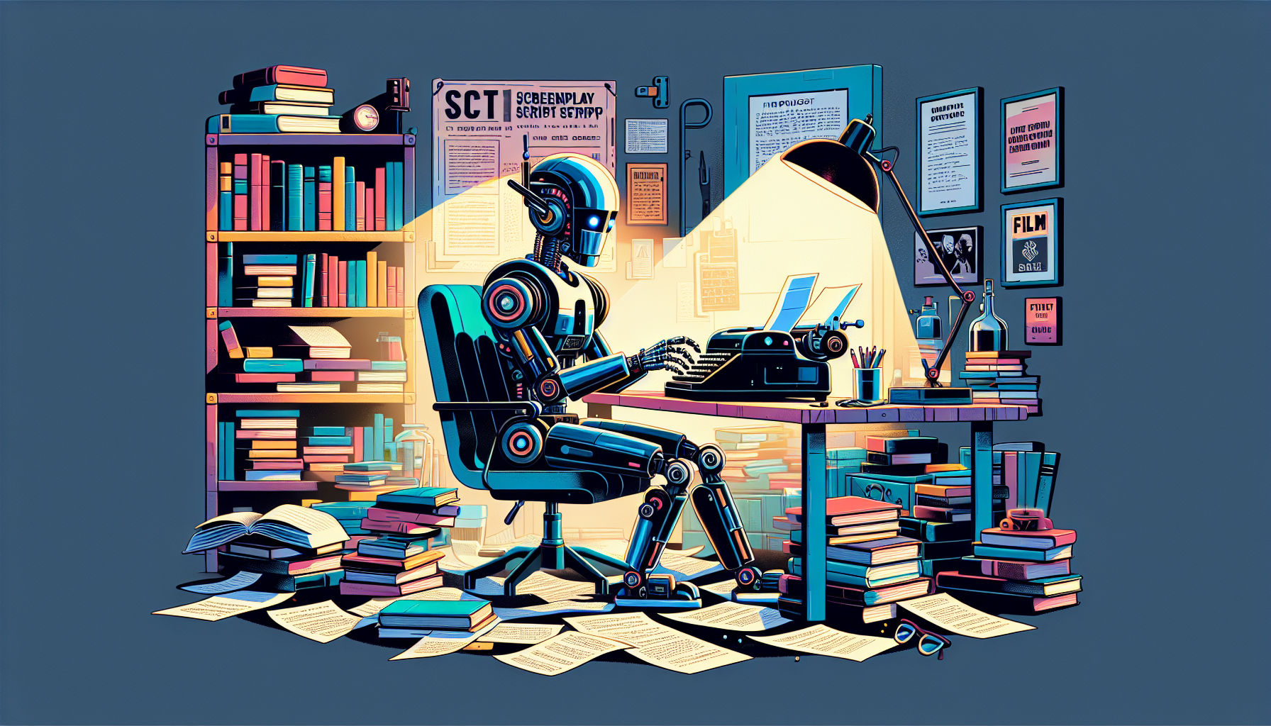 An image of a futuristic robot sitting at a cluttered desk, typing on a vintage typewriter under a soft desk lamp, surrounded by piles of screenplay scripts and film project posters in a cozy, book-li