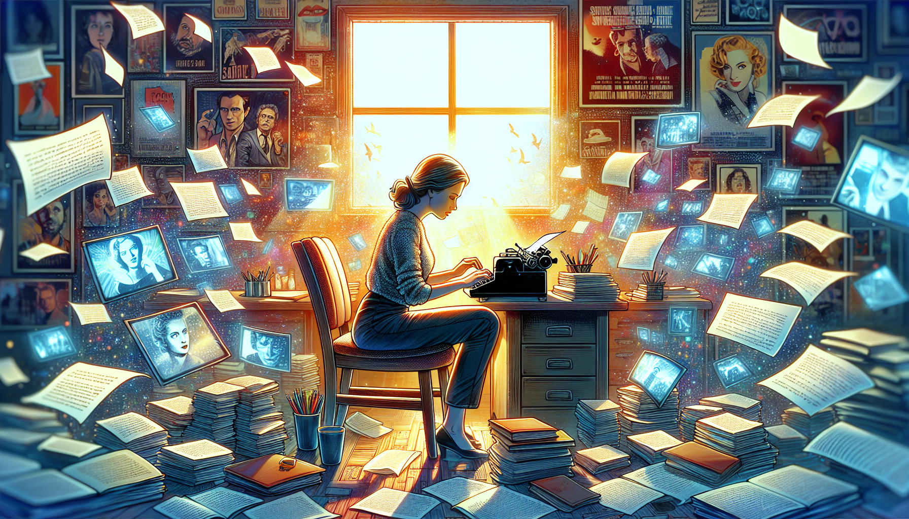 An artistic representation of screenwriter Dana Stevens in a cozy, sunlit office surrounded by scripts and movie posters, creatively brainstorming while typing on an old-fashioned typewriter, with gli