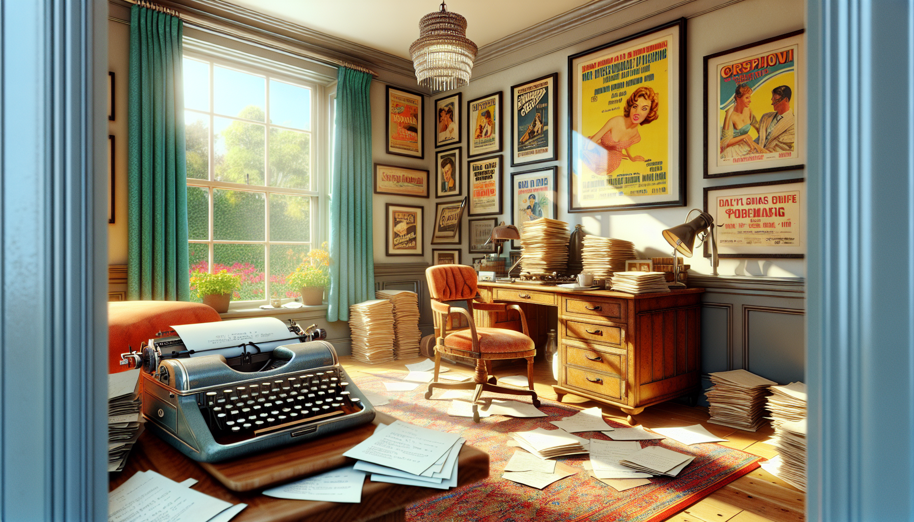 Cozy home office filled with film scripts, vintage typewriter, framed movie posters, and a large window overlooking a sunny garden, embodying the warm, inviting aesthetic of Nancy Meyers' films