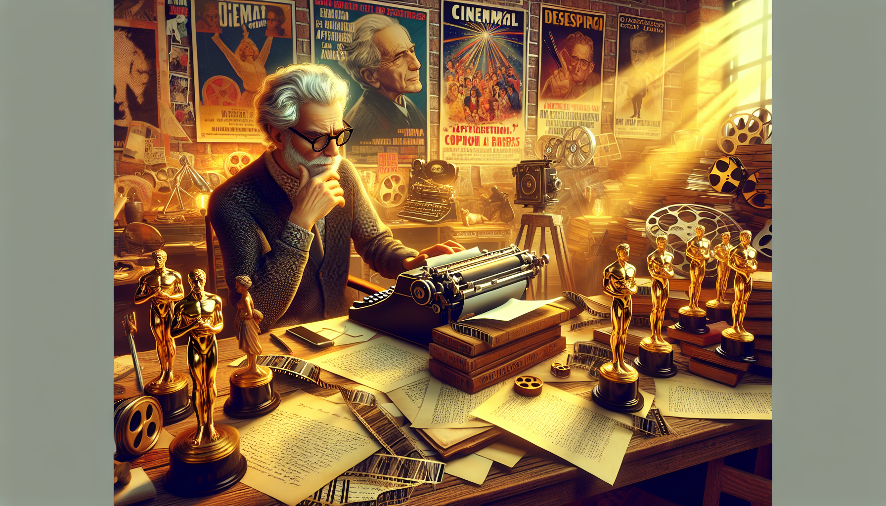 An atmospheric and immersive artist's studio filled with film posters and scripts, where an elderly man resembling Eric Roth thoughtfully contemplates a typewriter surrounded by Oscars and iconic film