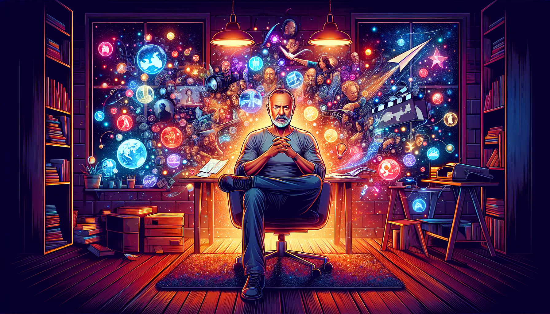 An imaginative and vibrant illustration of screenwriter John Ridley sitting in a cozy, dimly lit writer's room surrounded by floating, glowing words and images from his iconic films and television sho