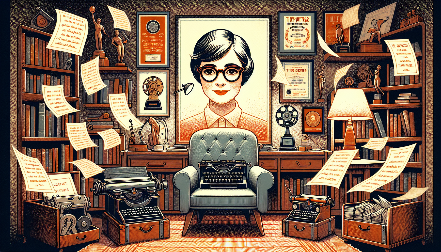 A cozy vintage-style study filled with awards, typewriters, and movie posters, featuring a whimsical portrait of Nora Ephron surrounded by floating pages with famous quotes from her films, set in a so