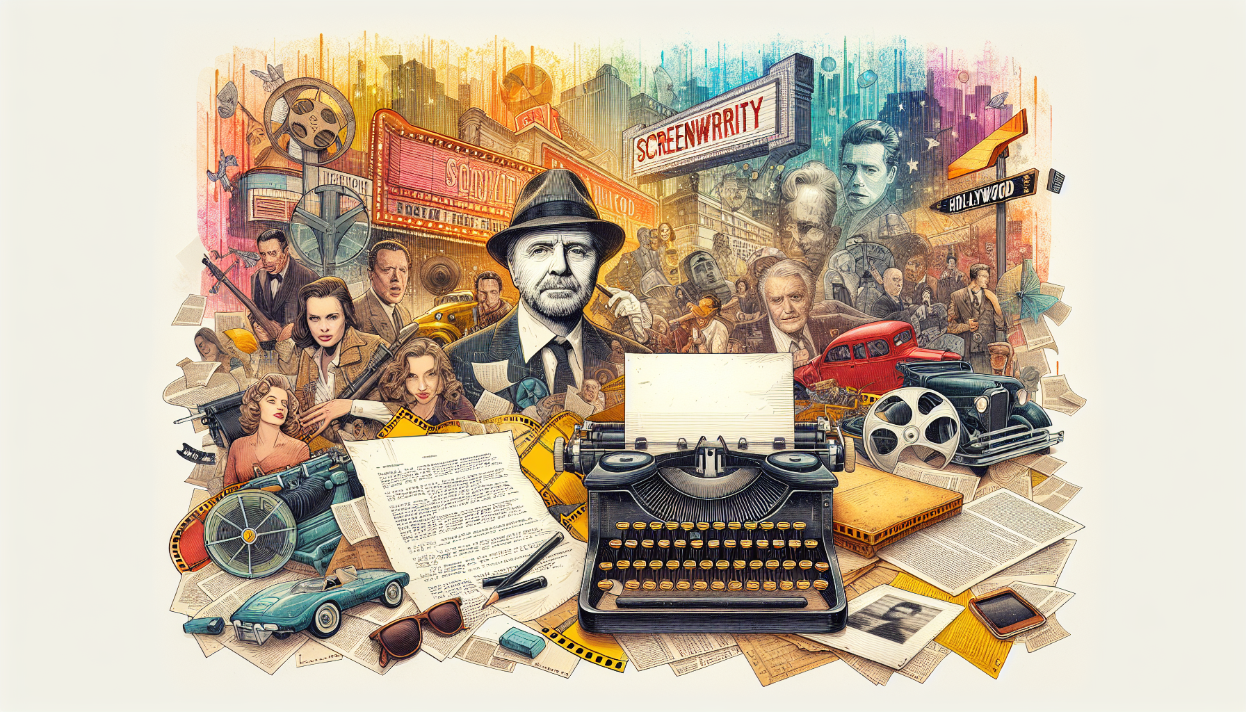 An artistic collage celebrating the influential career of screenwriter Robert Towne, featuring iconic scenes from his movies, a vintage typewriter, scattered screenplay pages, and a fading Hollywood b