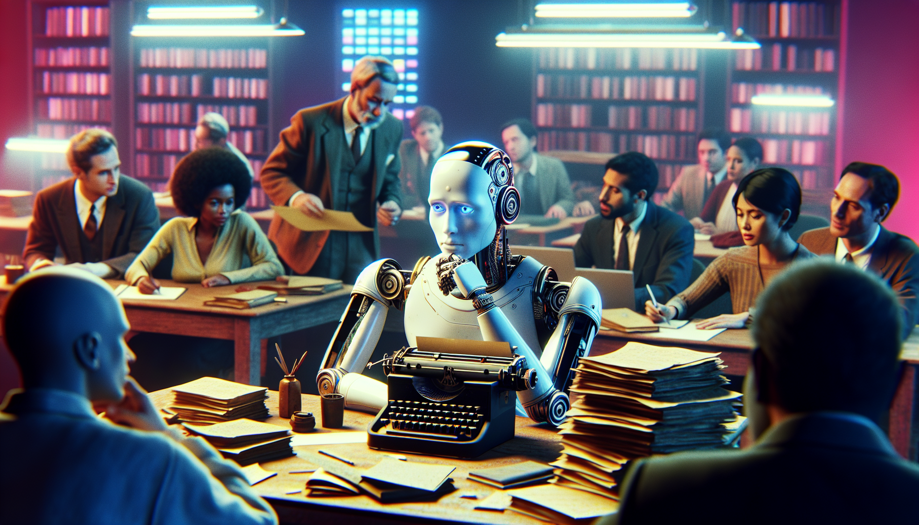 A futuristic scene depicting a humanoid robot sitting at a cluttered desk filled with film scripts and a vintage typewriter, with a frustrated expression while a group of human screenwriters discuss i