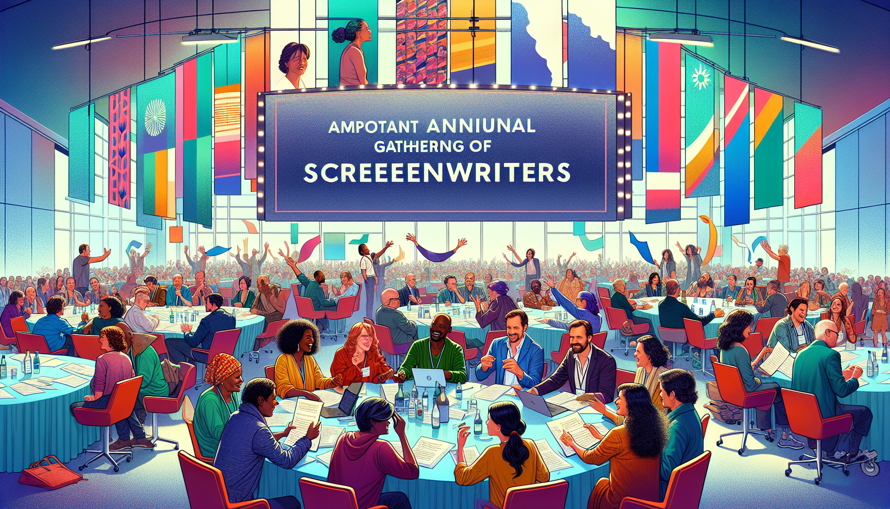 An artist's depiction of a bustling conference room filled with diverse screenwriters from around the world, engaging in animated discussions, sharing scripts, and brainstorming ideas under a large ba