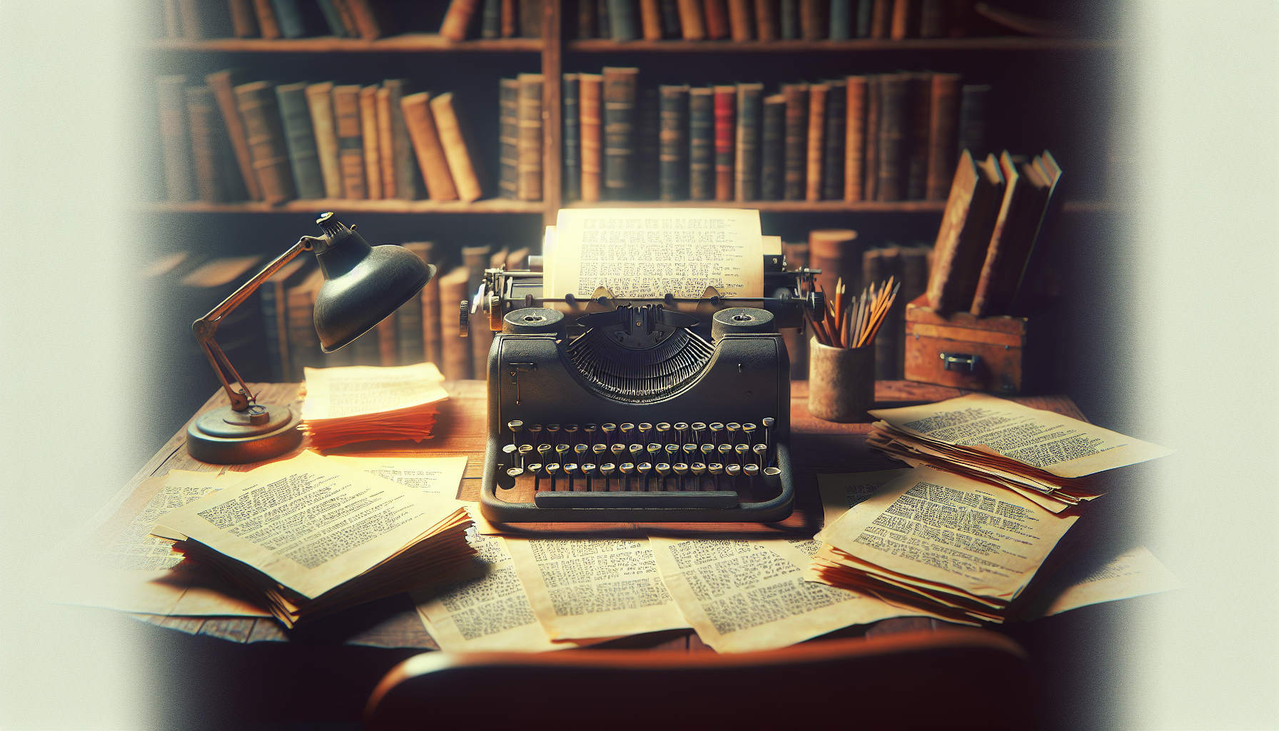 A vintage typewriter on a wooden desk, surrounded by scattered screenplay pages filled with formatted dialogue, with a soft-focus background of a cozy, dimly-lit writer's study.
