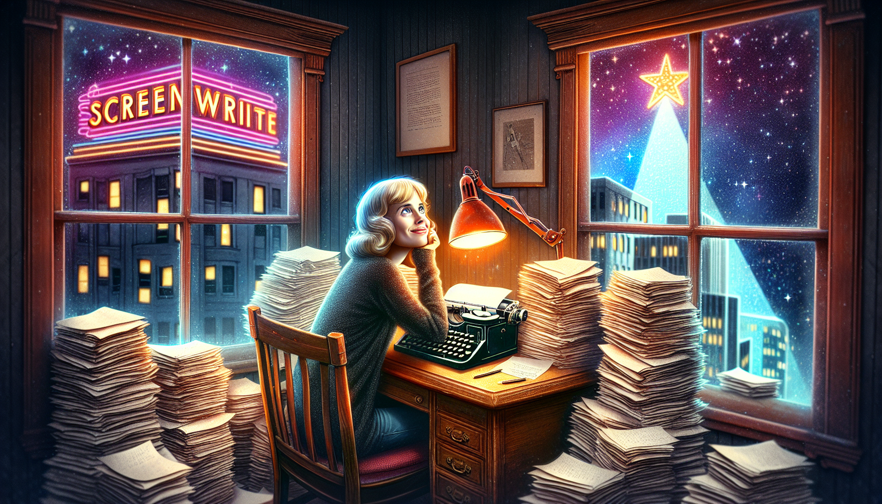An artistically designed image of a hopeful screenwriter sitting at a vintage wooden desk, surrounded by stacks of screenplay manuscripts, in a cozy, dimly lit room with a typewriter and a shining lam