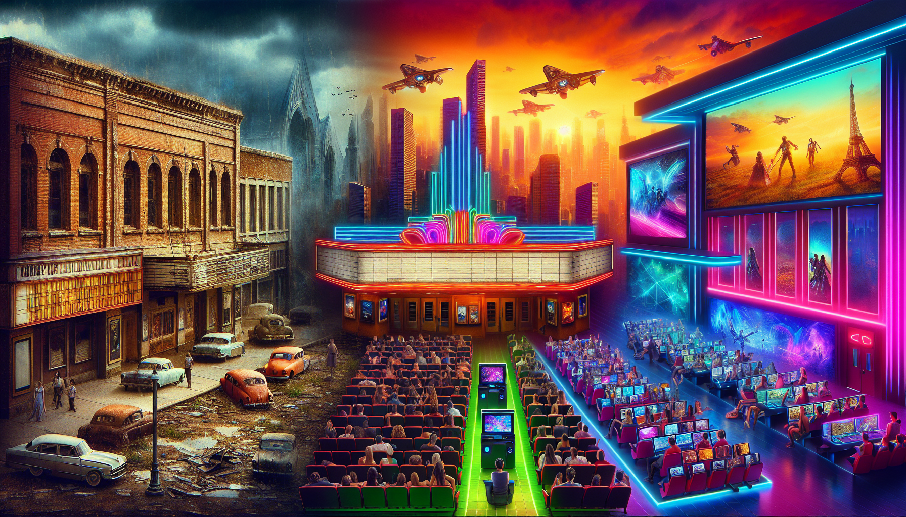 Digital landscape featuring abandoned movie theaters alongside bustling virtual reality and streaming entertainment hubs, illustrating the transition into the post-cinema era.
