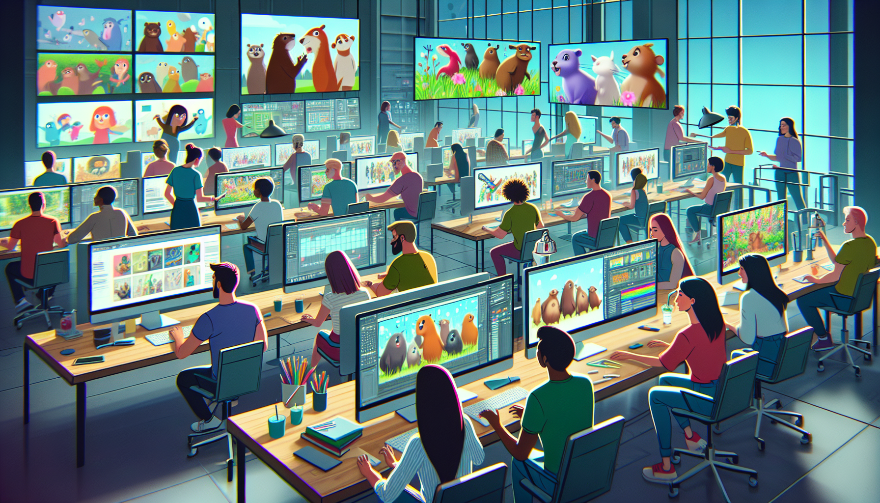 Digital artists working on high-tech computers to create a polished visual look for an animated film featuring hundreds of cartoon beavers, using Adobe After Effects in a modern animation studio setti