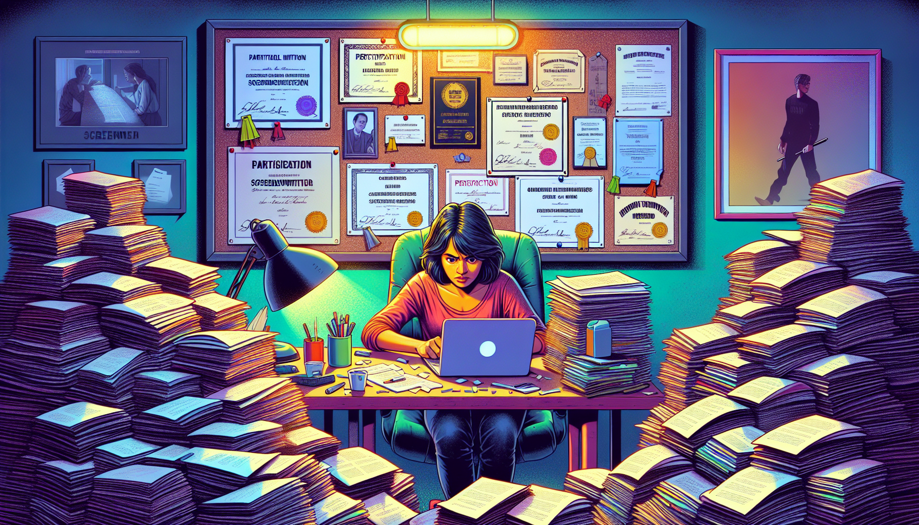 Create an illustration of a determined screenwriter working late at night in a cozy room filled with scripts and notes. Emphasize a bulletin board in the background, covered with certificates of parti