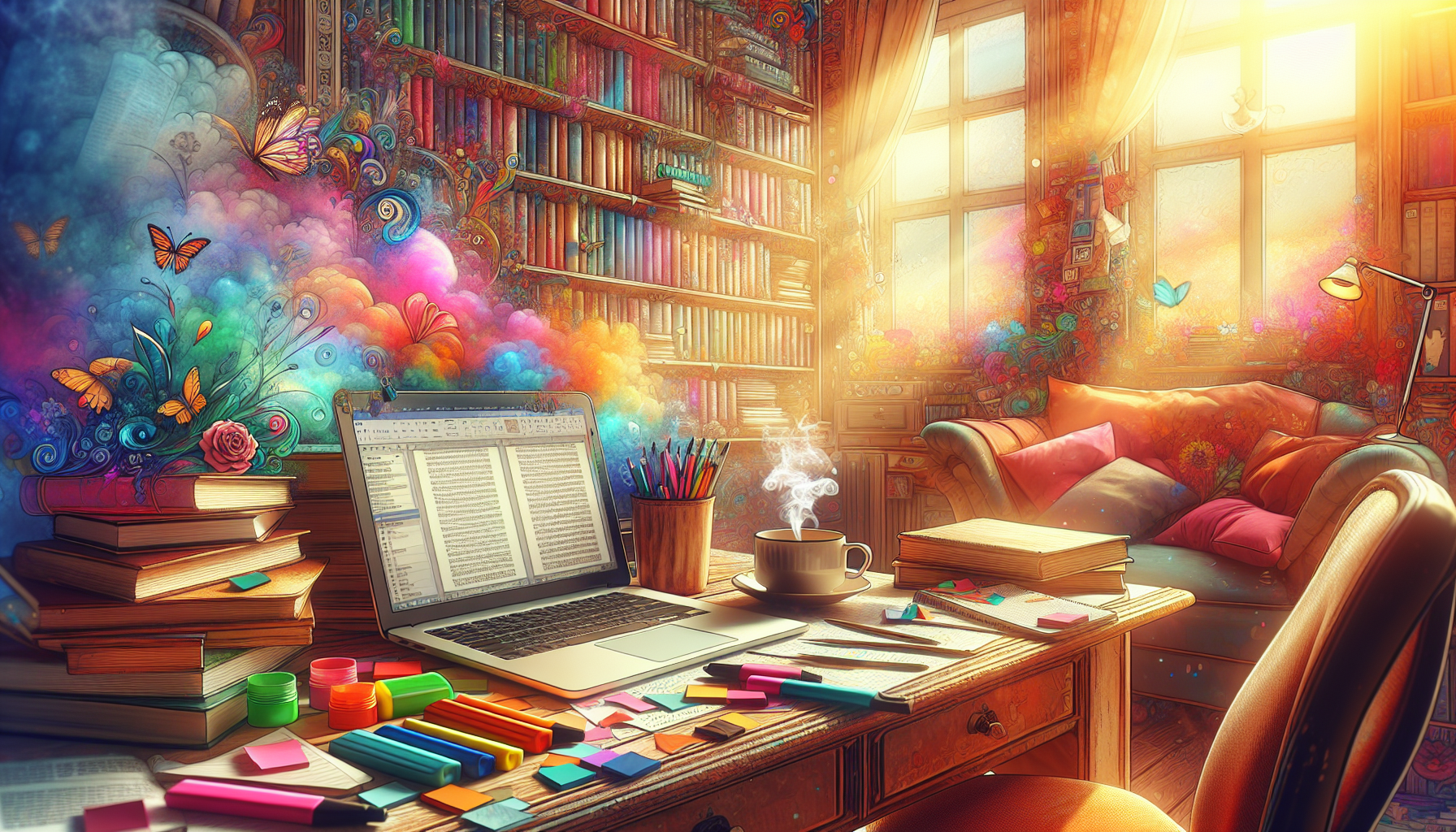 Create an image of a cozy, sunlit study with a vintage wooden desk. On the desk, an open laptop displays a step-by-step guide titled How to Craft Character Introductions (with Template), surrounded by