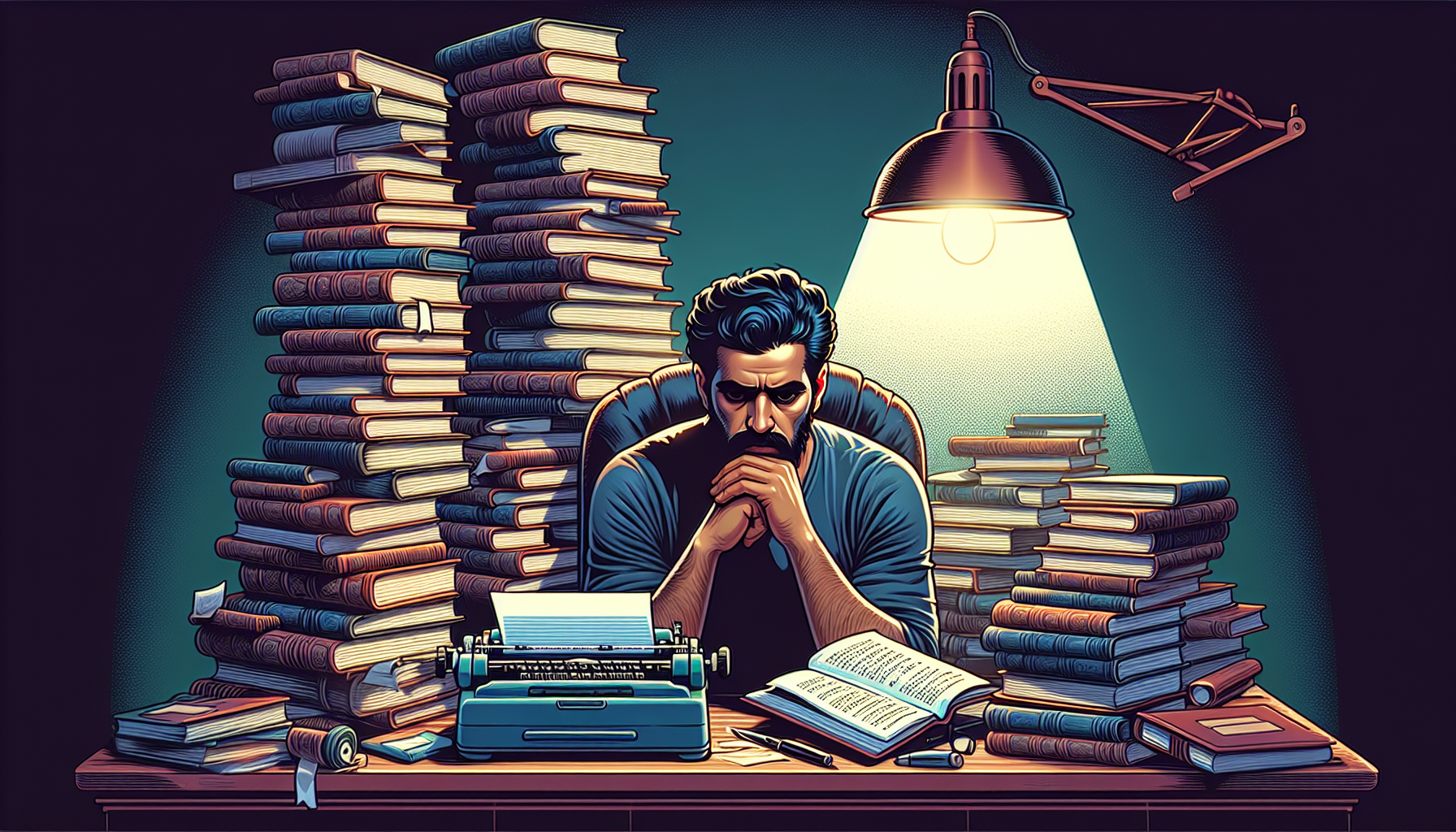 An image of a pensive writer sitting at a cluttered desk under a dim lamp, surrounded by stacks of books and screenplay drafts, with a vintage typewriter and a glowing computer screen displaying a lis
