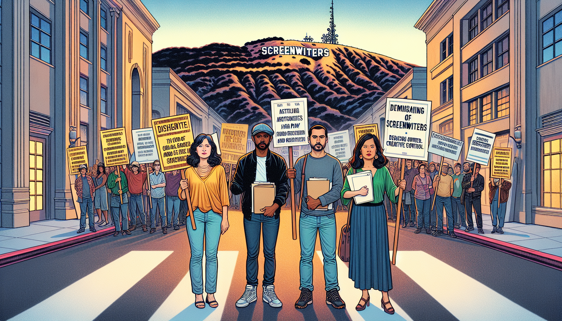 An illustrative scene showing a diverse group of screenwriters holding picket signs in front of a large film studio entrance, with banners displaying demands for fair pay and creative control, set aga