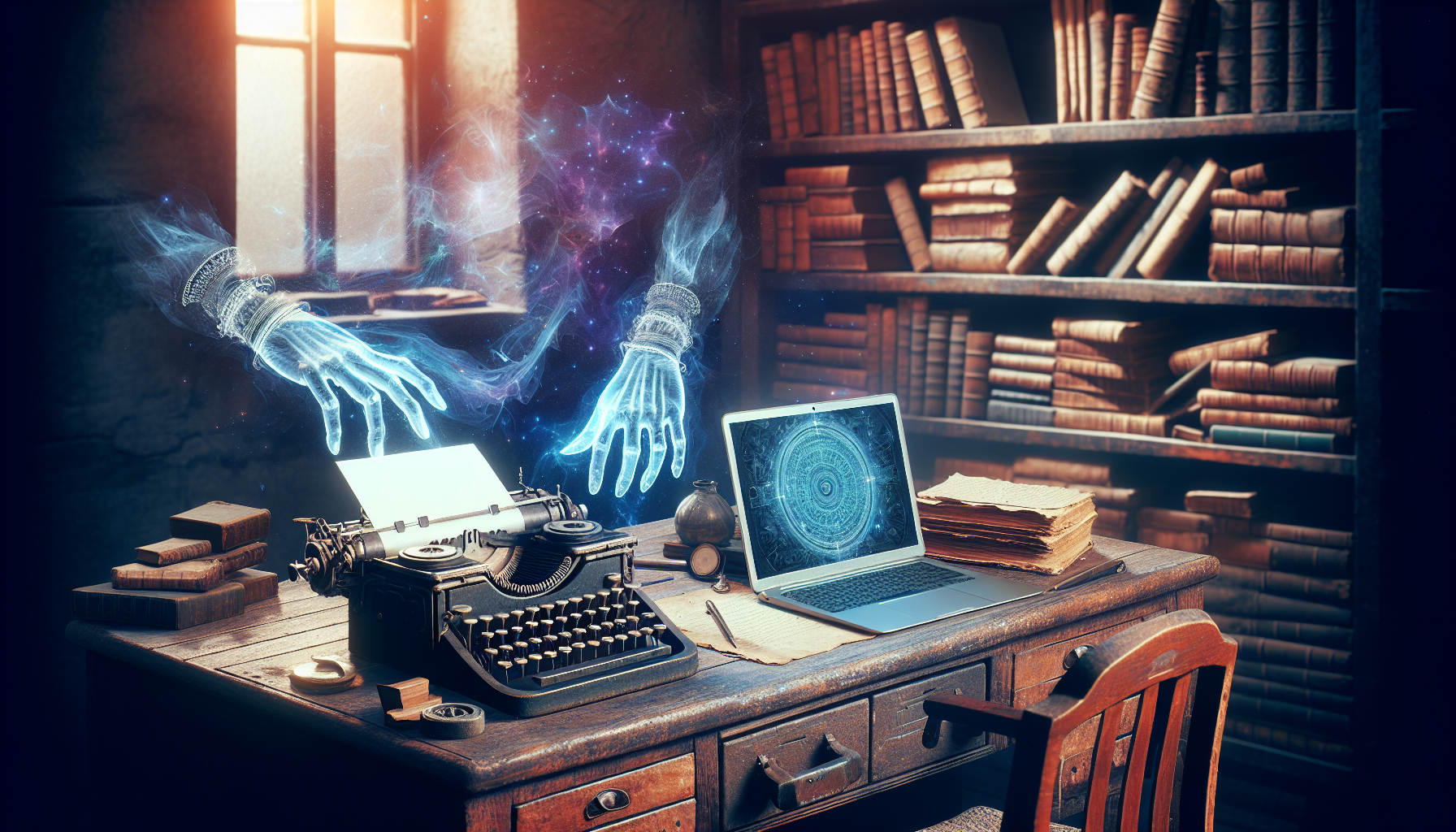 An antique typewriter and a modern laptop side by side on an old wooden desk, as ghostly holographic hands type on both, in a dimly lit room filled with books and scripts, evoking a mystical fusion of