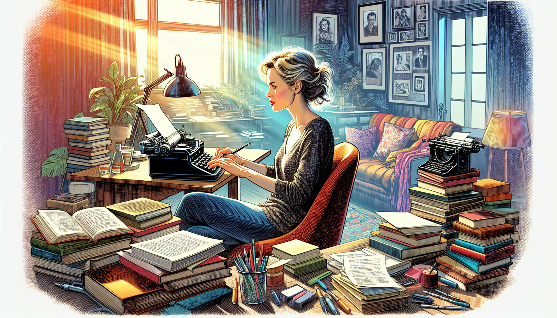 Portrait of a female screenwriter, Julie Bush, brainstorming in a cozy, sunlit study filled with books and screenplay drafts, with a vintage typewriter and a modern laptop on her desk.