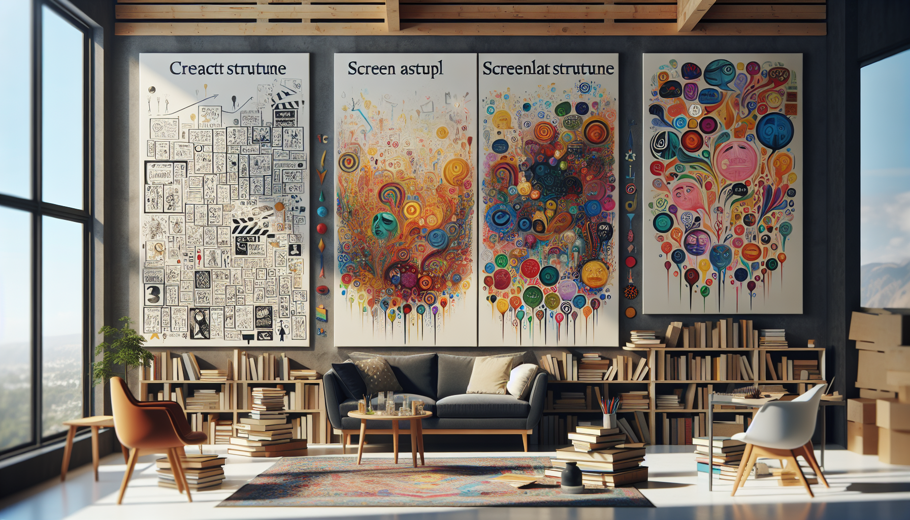 An imaginative artist's studio filled with multiple canvases depicting various stages of screenplay development: one canvas shows a detailed outline of a three-act structure, another features vibrant