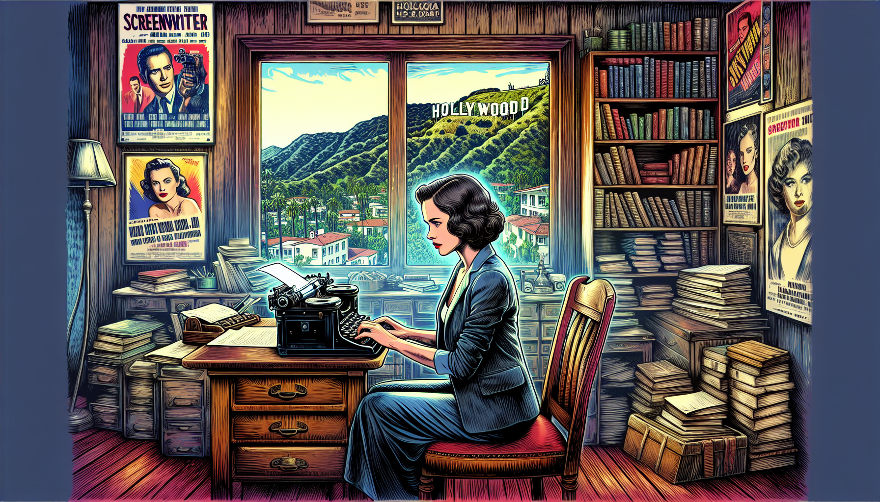An artistic representation of a female screenwriter brainstorming in a cozy, vintage-styled study filled with film posters and books, a typewriter in front of her and a window showing a view of the Ho