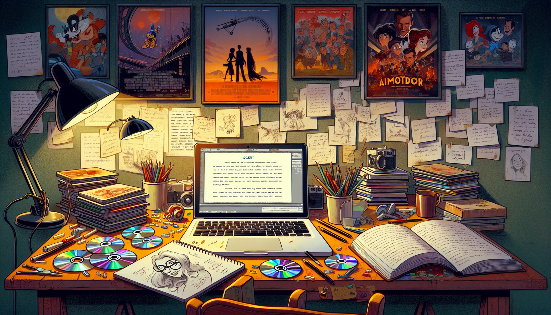 An artistically cluttered screenwriter's desk with an open laptop displaying a script, surrounded by classic animated movie DVDs, a sketchpad filled with character designs, and notes on animation trop