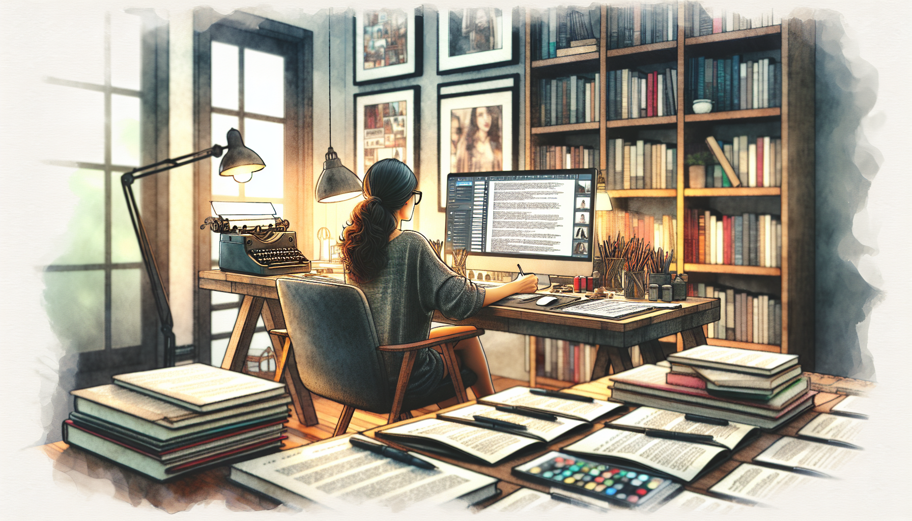 An artist at their desk creating a detailed storyboard for a film, surrounded by multiple screenplay drafts, in a cozy, well-lit home office, with a computer screen displaying the Celtx software interface, accompanied by filmmaking books and a vintage typewriter, in a soft, digital watercolor style.