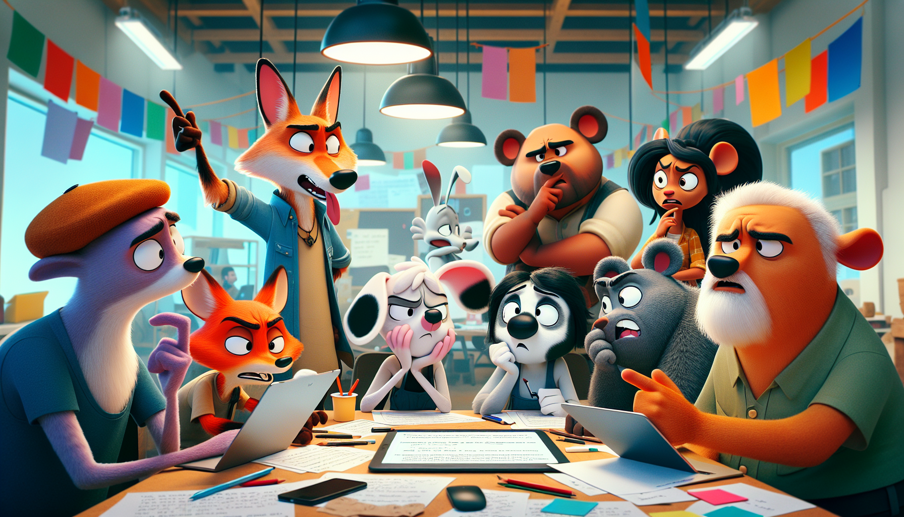 An animated workshop scene where a diverse group of cartoon characters, including a witty fox and a teary-eyed giant, are enthusiastically discussing a script around a cluttered table filled with pape
