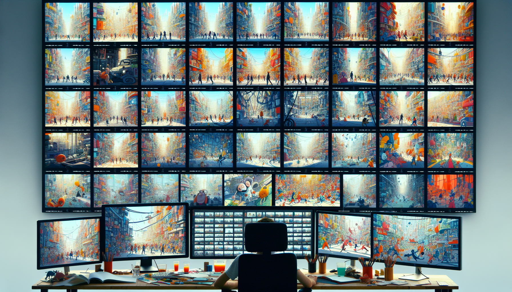 An artist's studio filled with multiple screens, each displaying different stages of a complex ensemble movie animation, showcasing a diverse array of dynamic characters interacting in a vibrantly col