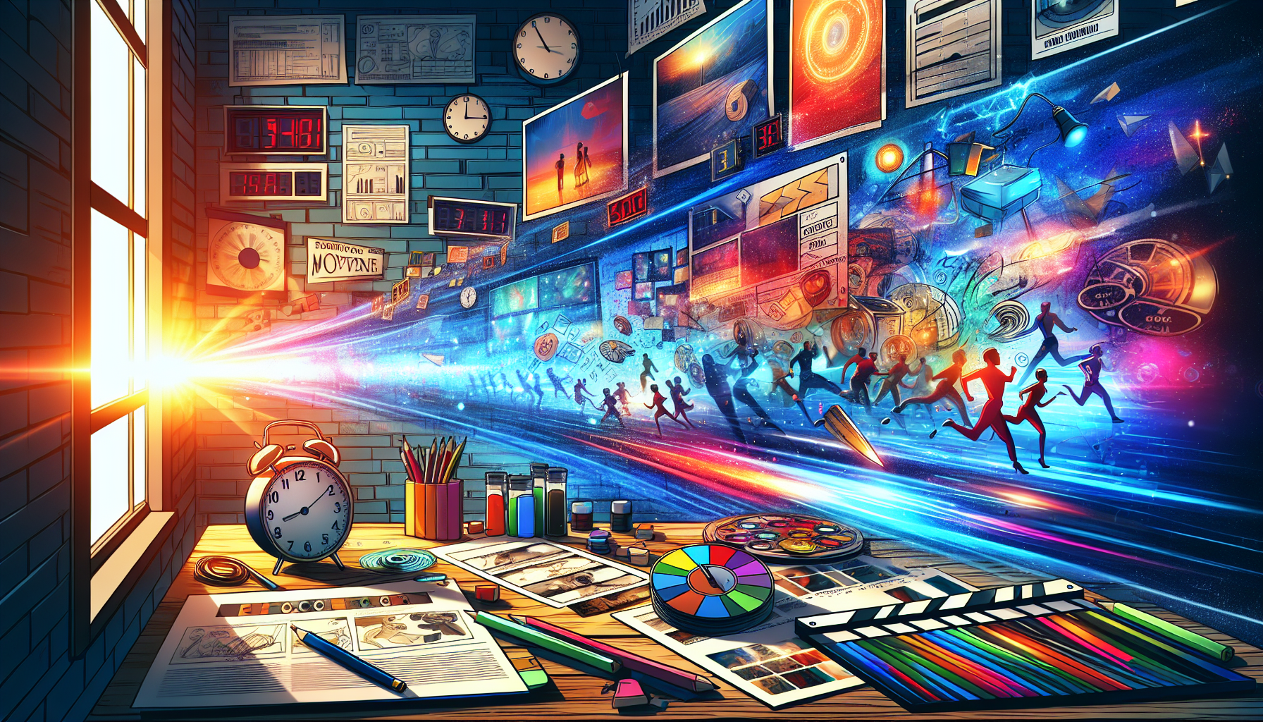 A dynamic montage depicting various scenes of an animated screenplay spread across a filmmaker's desk, with a glowing spotlight highlighting a section labeled 'Pacing Techniques'. The background shows