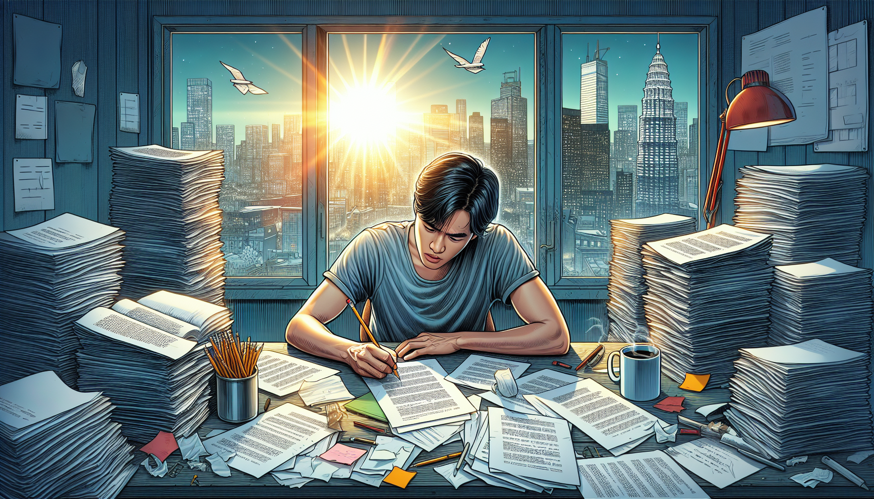 An image of a young screenwriter sitting at a cluttered desk surrounded by piles of screenplays, intensely reading a screenplay with a pencil in hand, next to a bright window showing a bustling cityscape outside. The scene conveys a sense of dedication and focus, enhanced by notes and a cup of coffee on the desk.