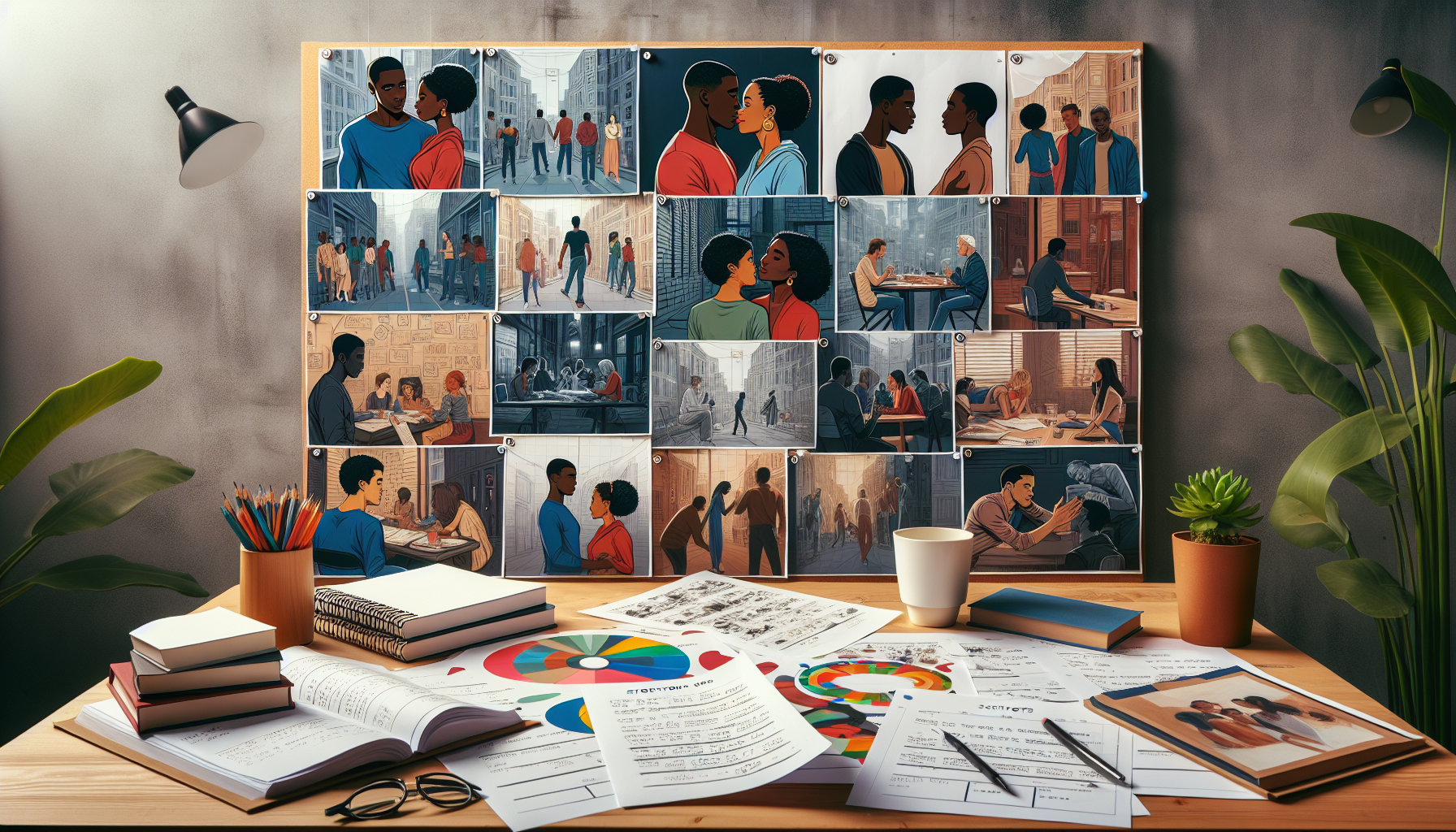 An artist's studio with a storyboard full of scenes from various ensemble romance films, showcasing intricate webs of relationships and character development arcs. Include multiracial actors rehearsin