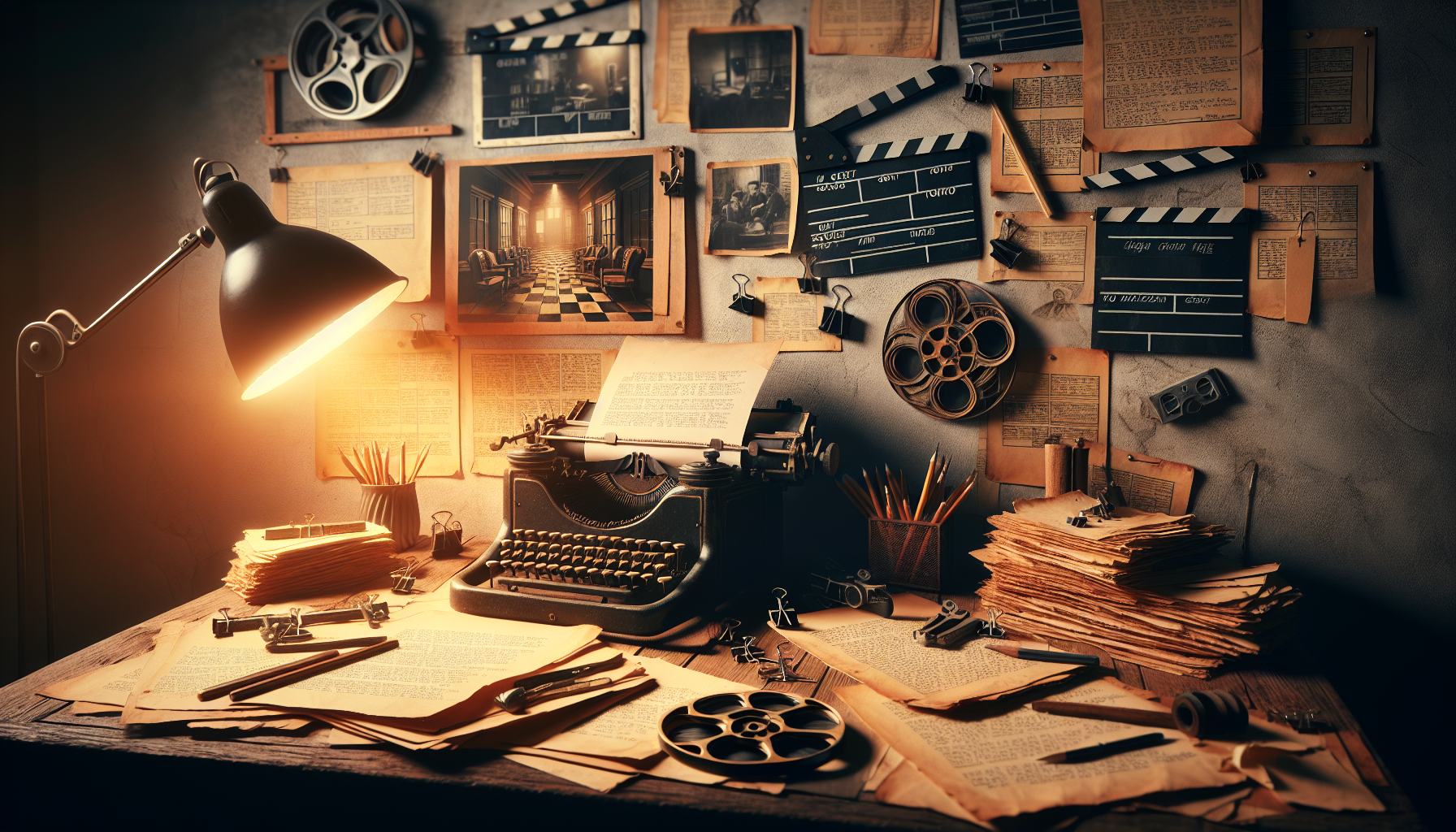 Create an image that captures the essence of mastering the art of screenplay writing. Show a vintage typewriter on a rustic wooden desk, with pages of script drafts scattered around. In the background