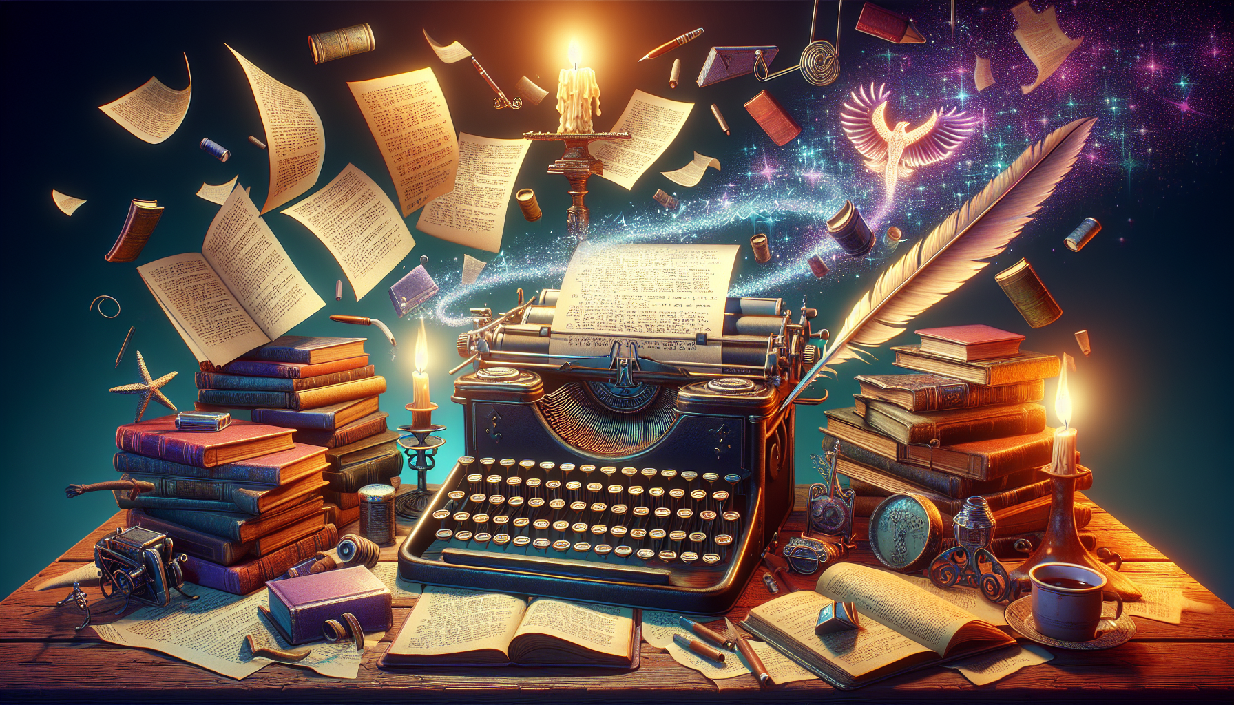 An enchanted vintage typewriter surrounded by floating books, glowing script pages, and magical quills, set in a cozy, dimly lit writer's study filled with stacks of classics and a flickering candle, conveying a mystical atmosphere dedicated to the craft of screenwriting.