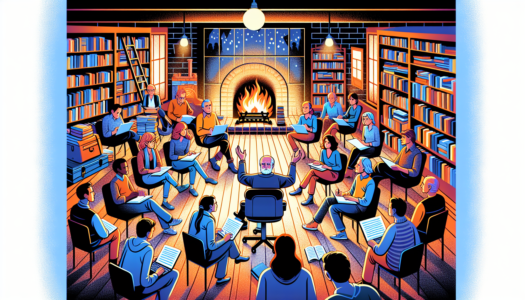 An intimate writing workshop scene with renowned screenwriting coach Robert McKee, teaching a diverse group of attentive aspiring writers in a cozy, book-lined room with a warm glow of a fireplace in the background, emphasizing the importance of narrative structure in storytelling.