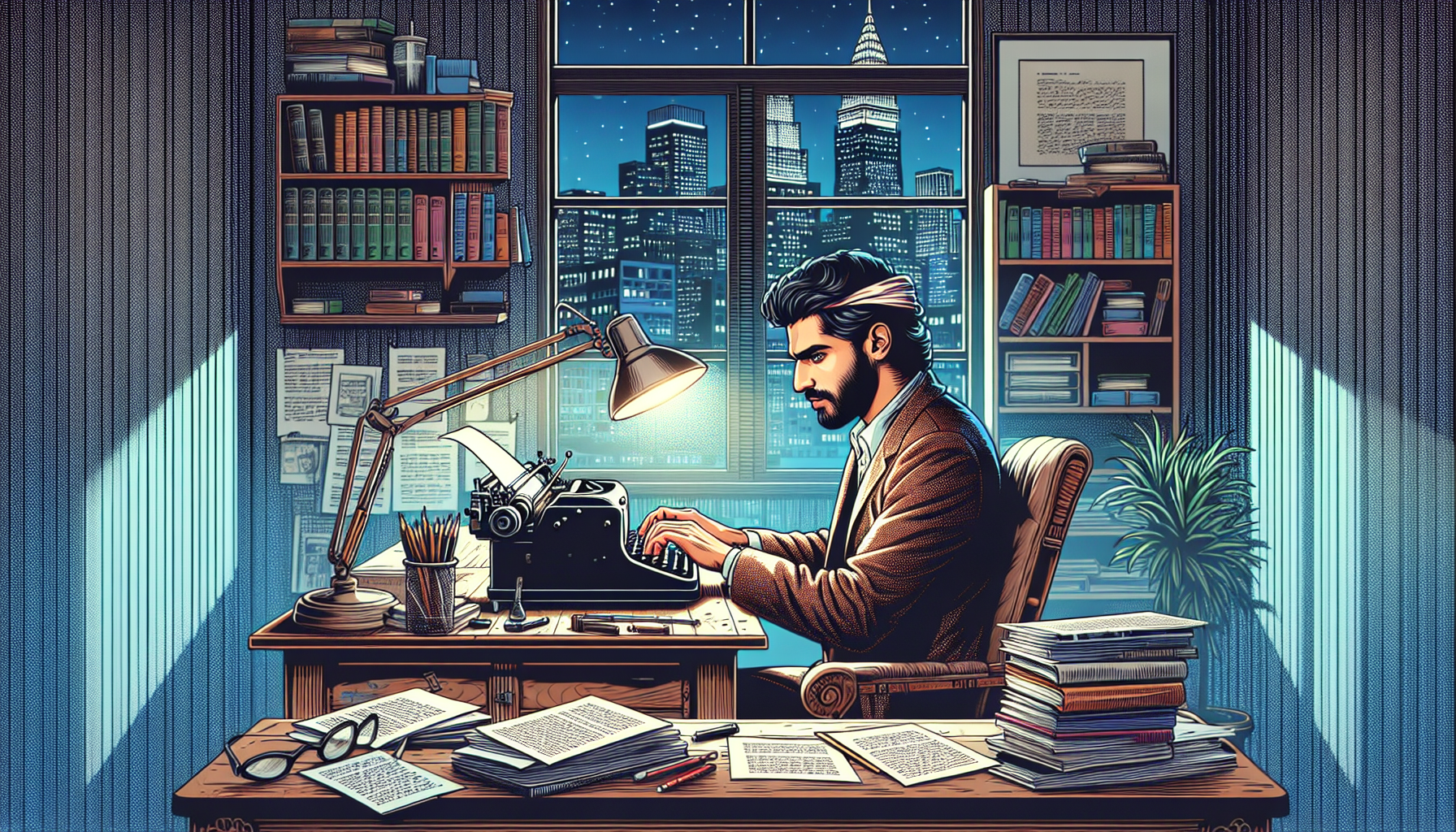 An image of a screenwriter sitting at a vintage wooden desk, illuminated by the soft glow of a desk lamp, deeply focused while typing on an old-fashioned typewriter with notes and screenplay pages scattered around. The room shows a large window with a view of a city at night, and a shelf filled with film books and classic screenplays, in a cozy, creative home office setting.