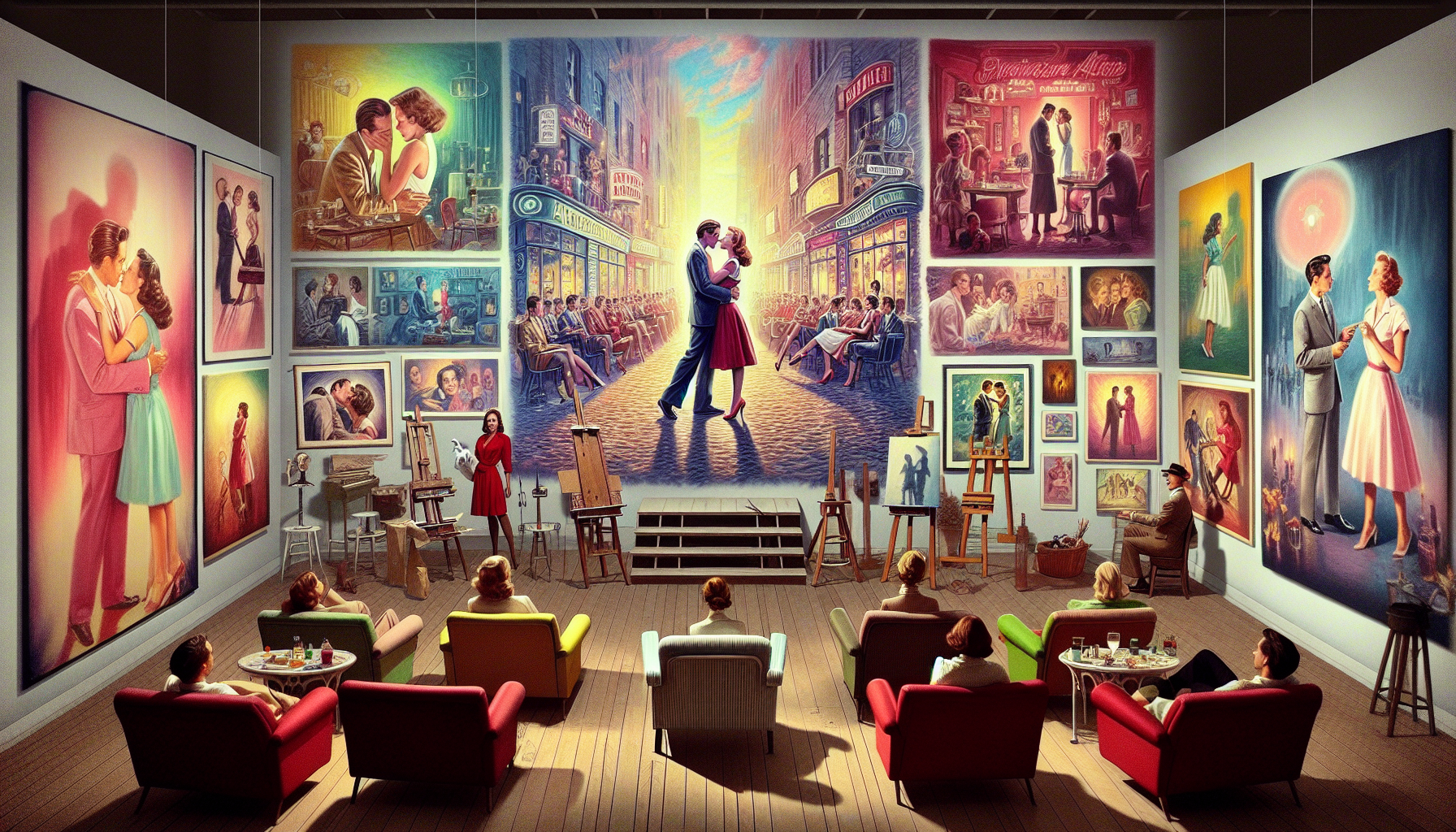 An artist's imaginative studio filled with diverse paintings and sketches depicting iconic scenes from romance movies, each with a cleverly hidden plot twist. The studio is bathed in soft, romantic li