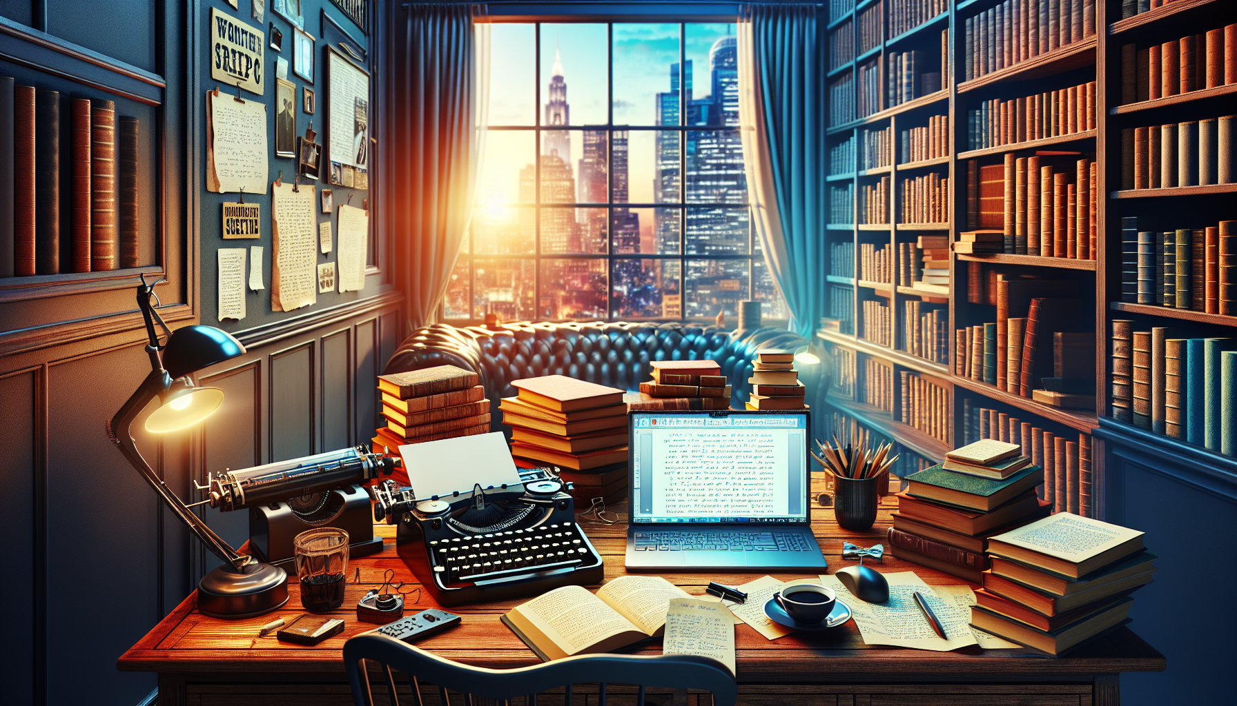 A cozy writer's nook filled with screenwriting books, a vintage typewriter, a modern laptop, scattered scripts, and a storyboard on the wall; soft lighting, a steaming cup of coffee on the desk, and a