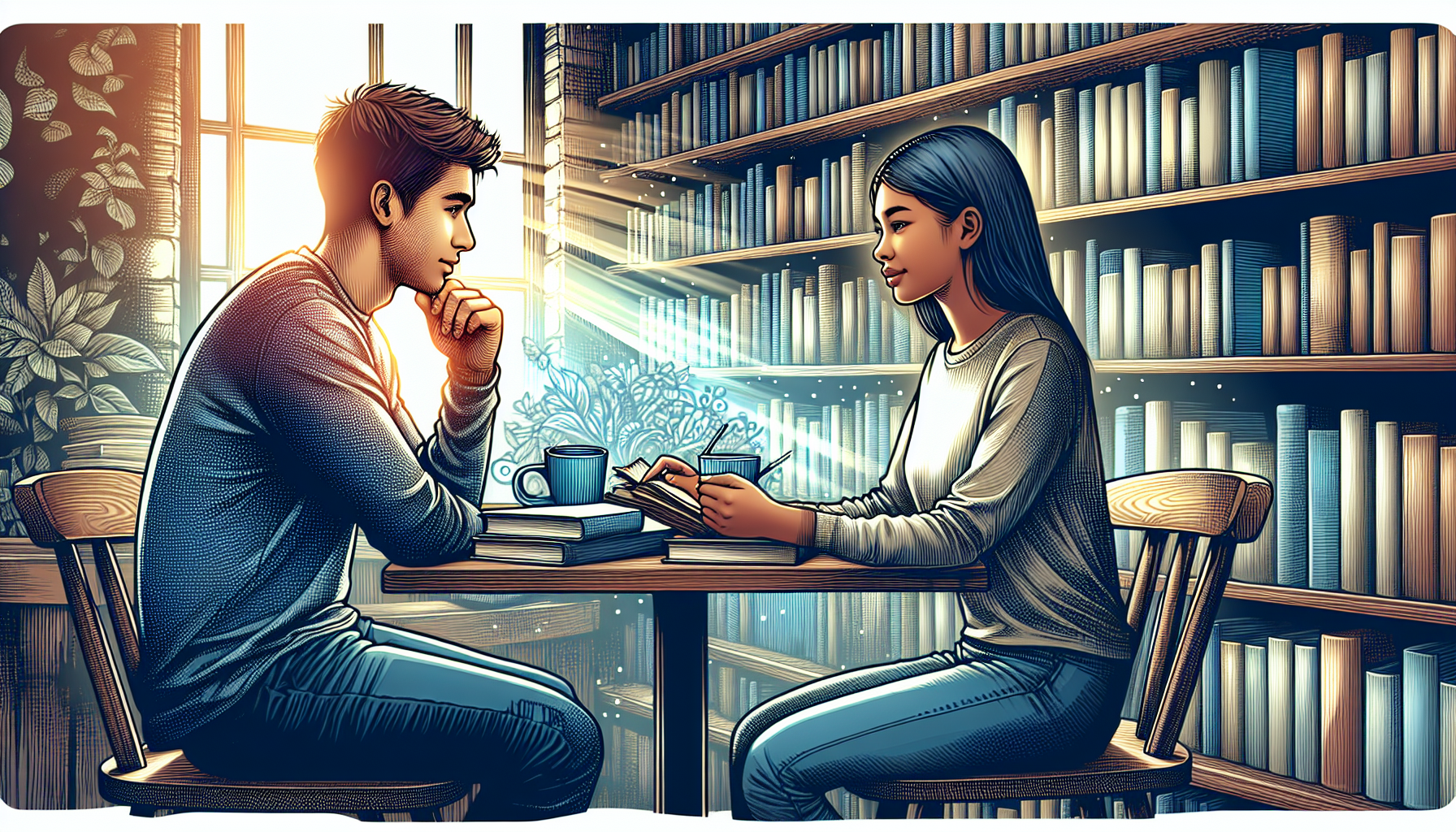 An intimate painting illustrating a young couple tenderly discussing their dreams in a cozy, book-filled coffee shop, with soft light filtering through a nearby window highlighting their focused expre