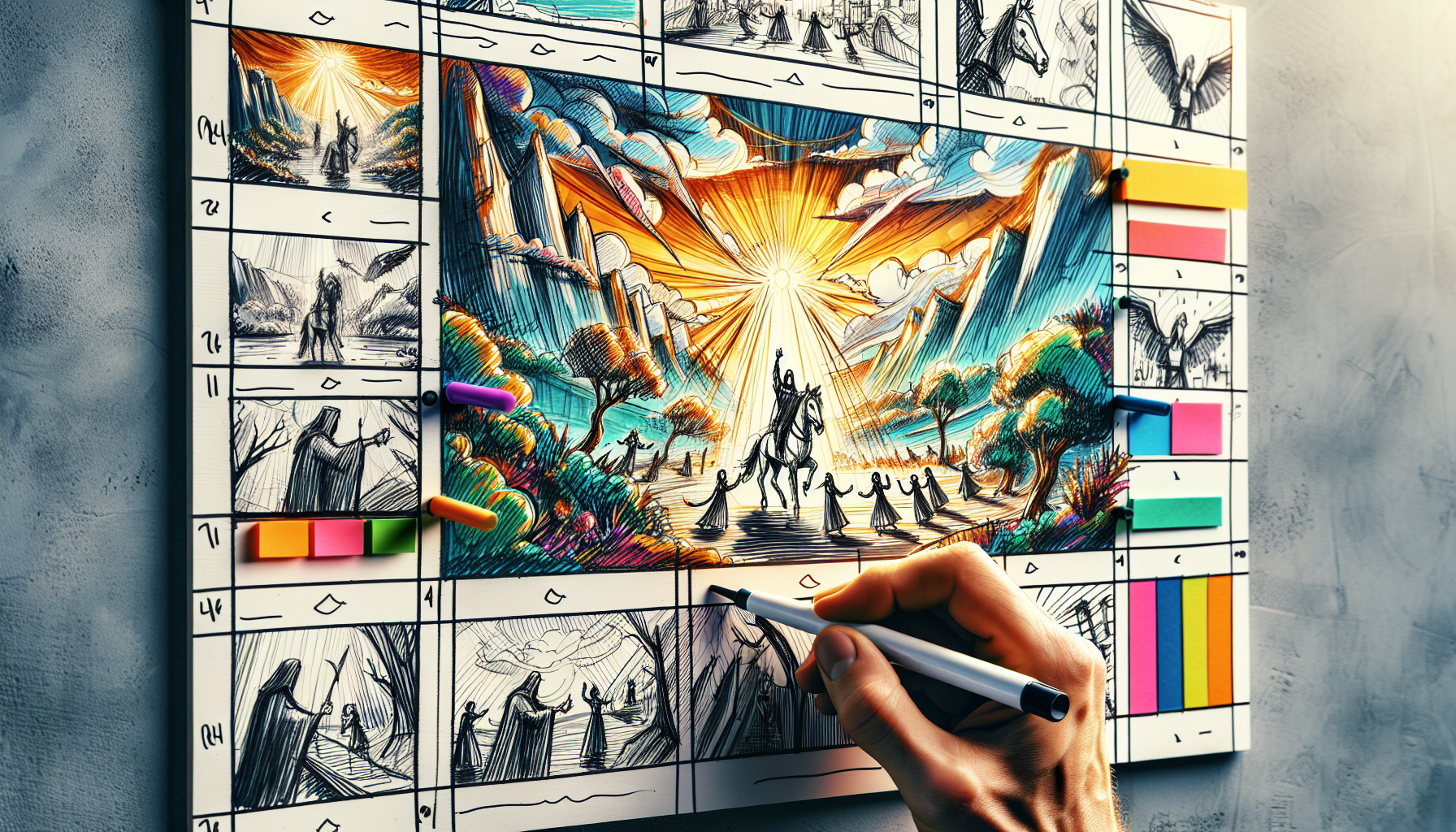 An artist's hand drawing a scene on a storyboard depicting the climactic moment in an animated movie, with characters celebrating a victory on a fantastical landscape, sketches and colorful notes surr
