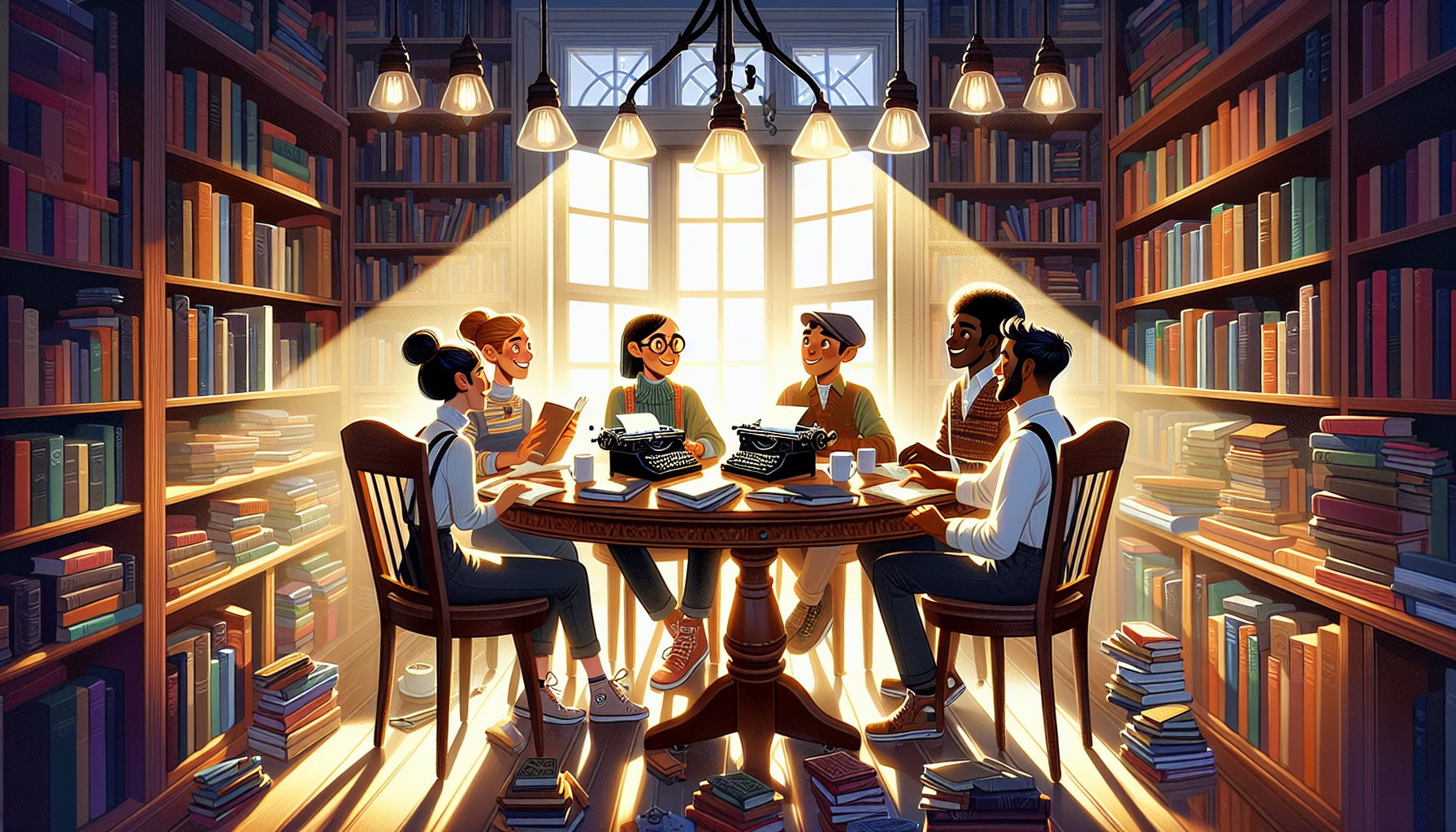 A cozy, warmly lit study filled with books, where a diverse group of four fictional authors, depicted as animated characters, are gathered around an old wooden round table, enthusiastically discussing