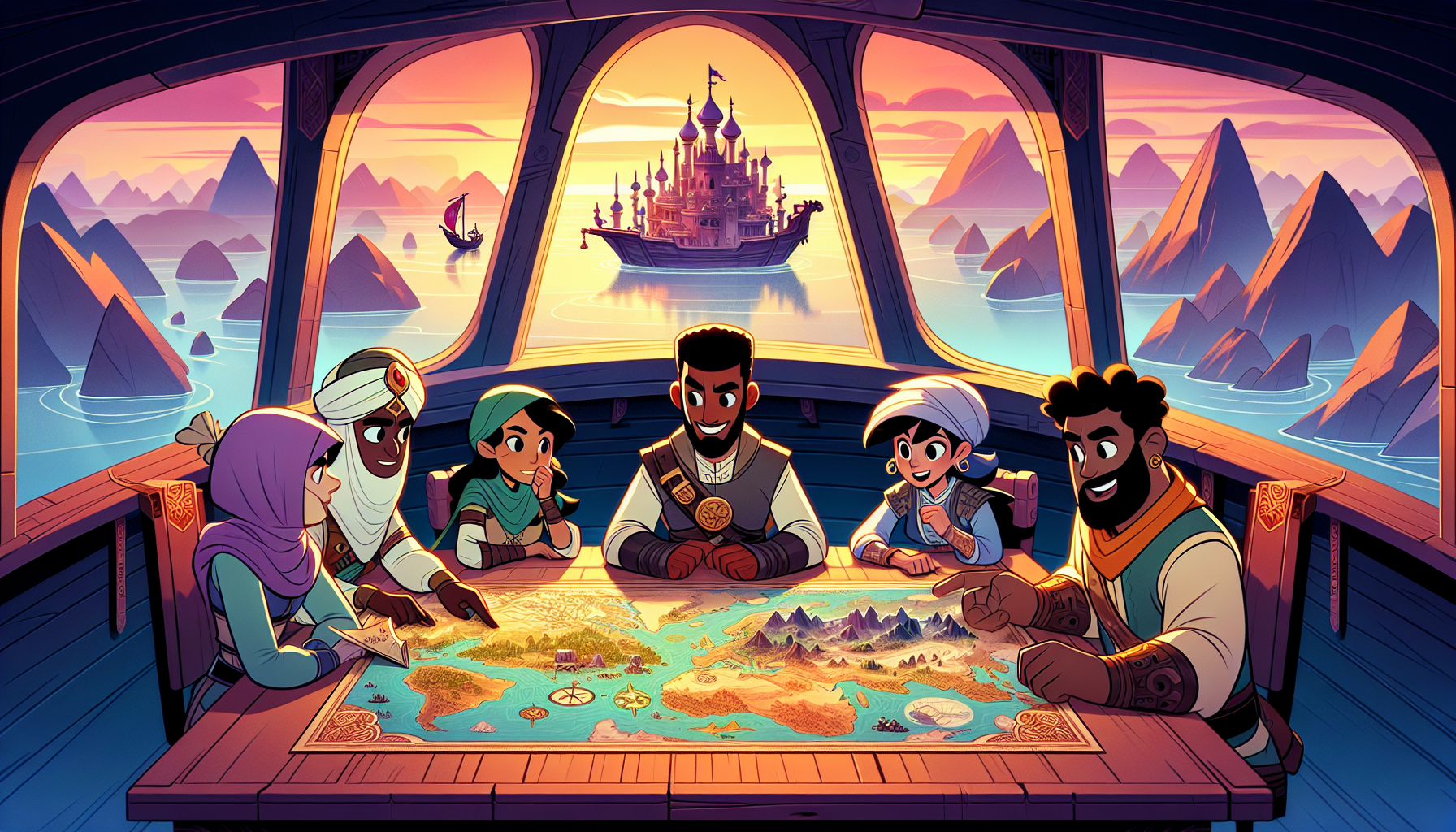 An animated scene showing a diverse group of cartoon characters, each with distinct, vibrant personalities, collaboratively plotting a map full of dangerous terrains and mystical landmarks on a grand