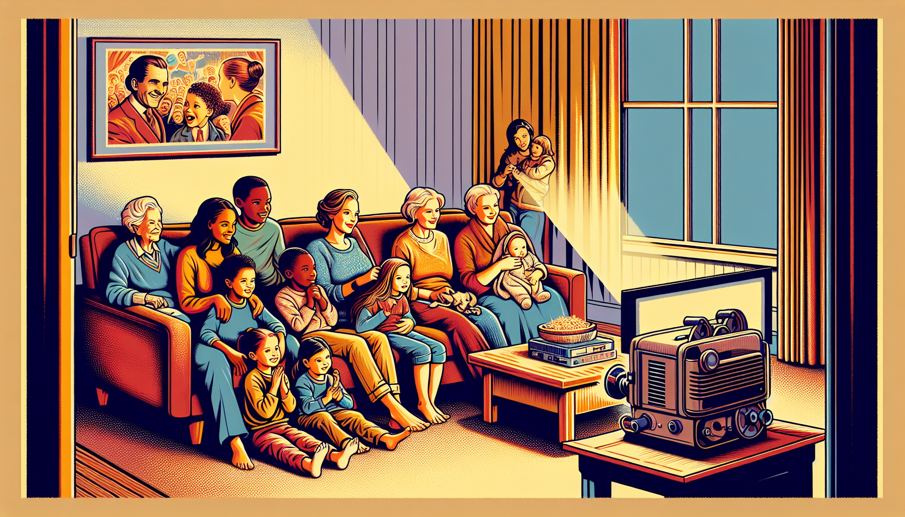 Create a digital painting of a cozy, softly lit living room where a diverse group of mothers and their children are watching scenes of iconic motherhood moments from various films on an old-style proj