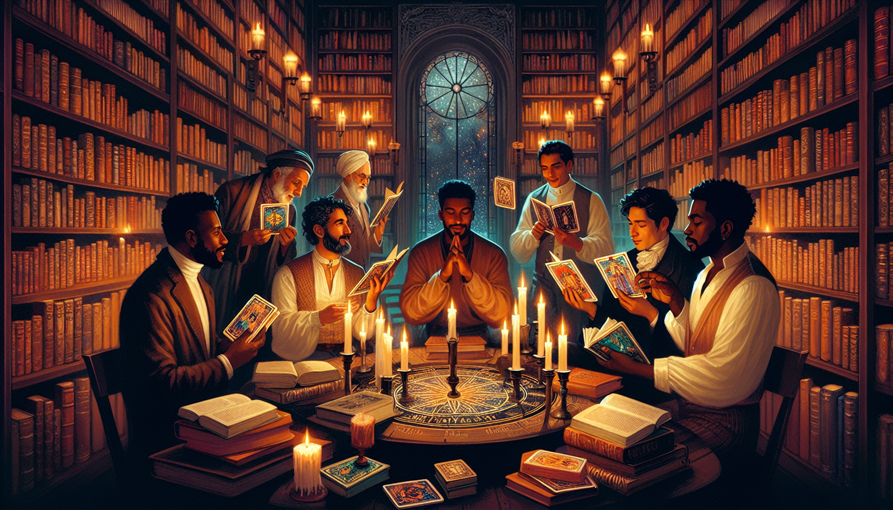 A cozy, mystical library with dim lighting, where a diverse group of five authors, each with a different cultural background, are discussing and holding beautifully illustrated tarot cards, surrounded
